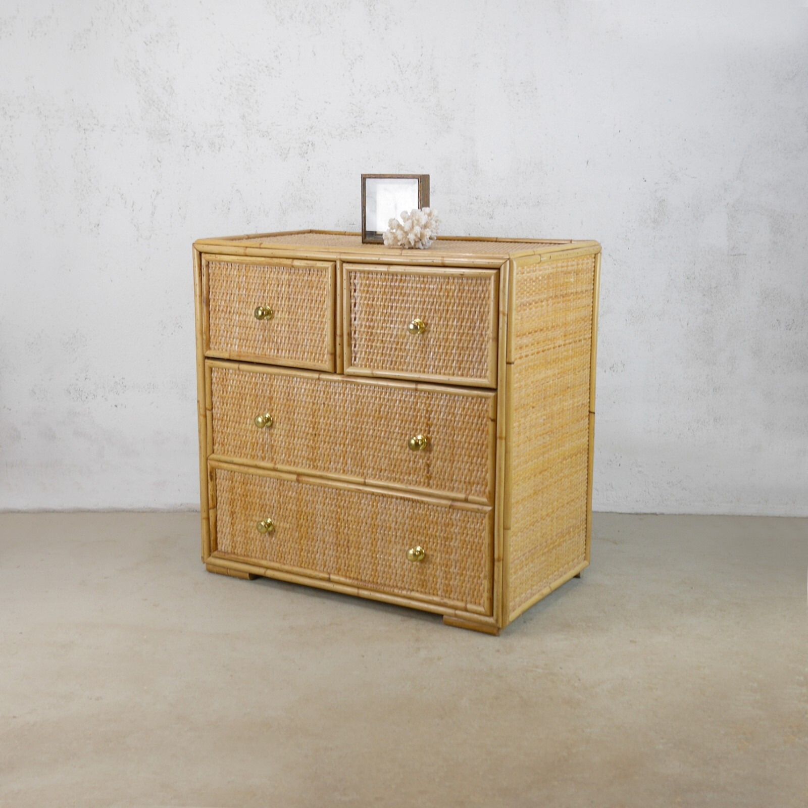 375.0 Vintage Mid Century Bamboo Rattan Chest Of Drawers Brass Angraves #102844 photo