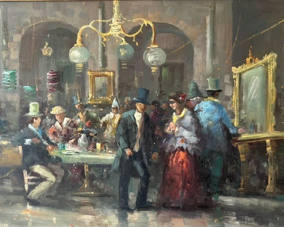P. Freuda Oil On Canvas Featuring Figures In A Ballroom And Inscribed “Carnival” photo for sale