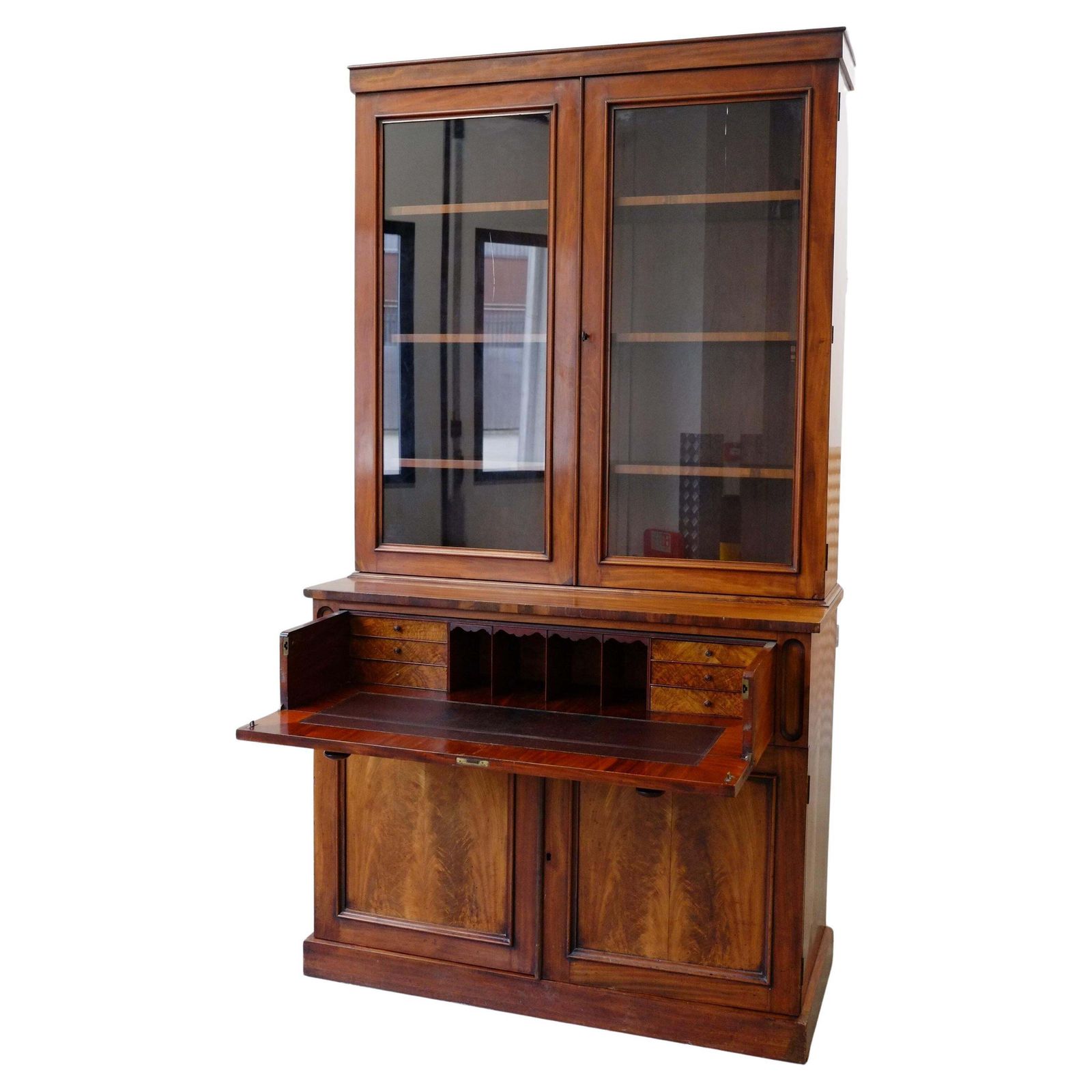 English Antique Georgian Glazed Library Bookcase   Secretaire