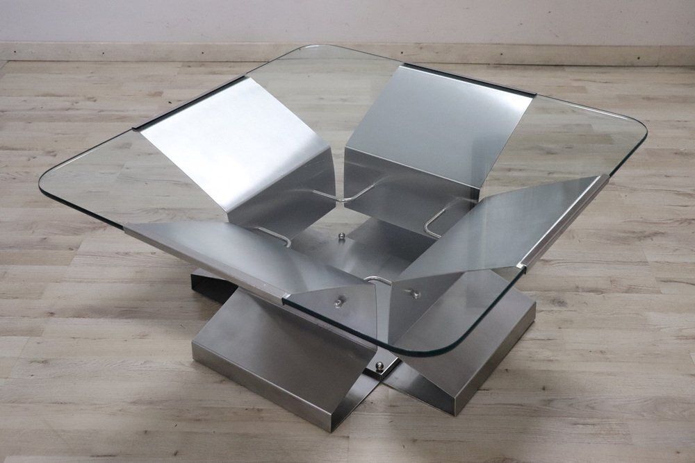 Coffee Table In Steel And Glass, 1970s photo vintage