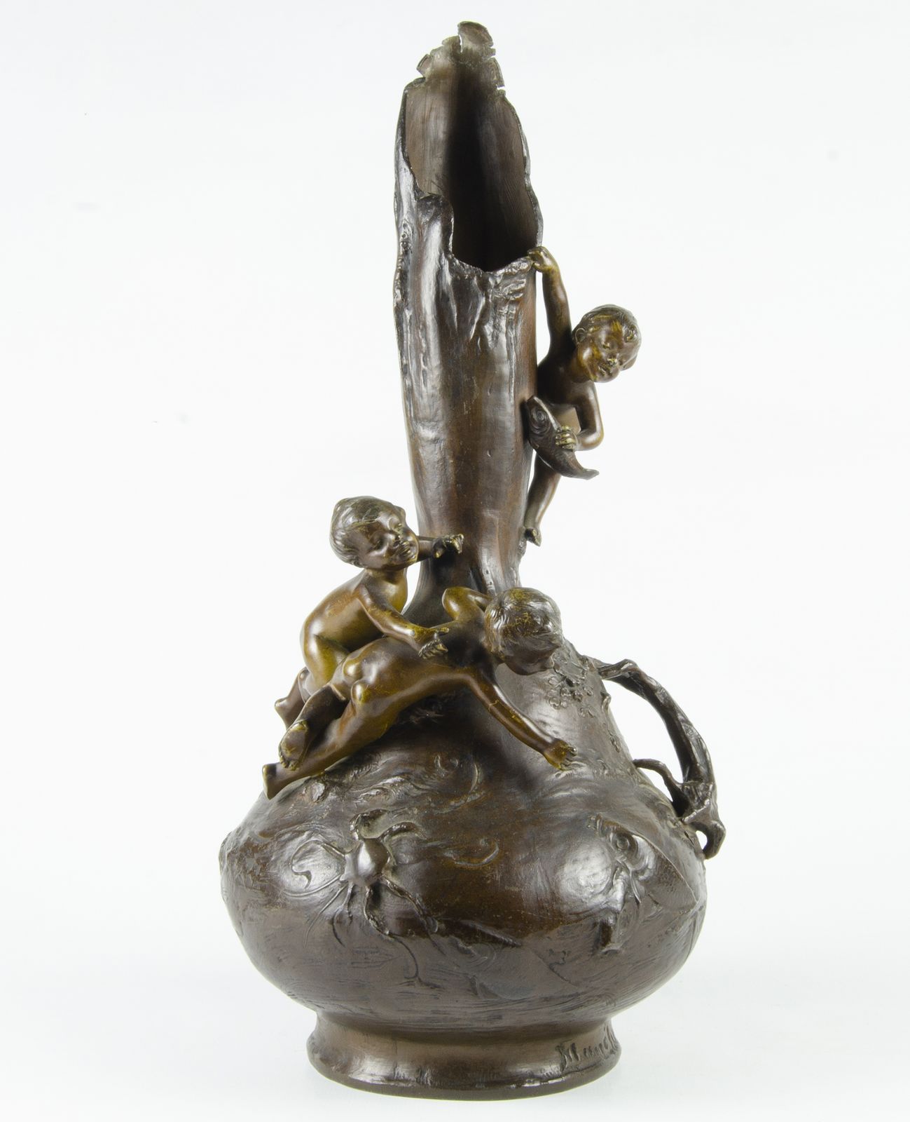 Pair Of Late 19th Century Art Nouveau Patinated Bronze Vases With Children Fishing By Austrian Author Ignar Mansch, France photo furniture