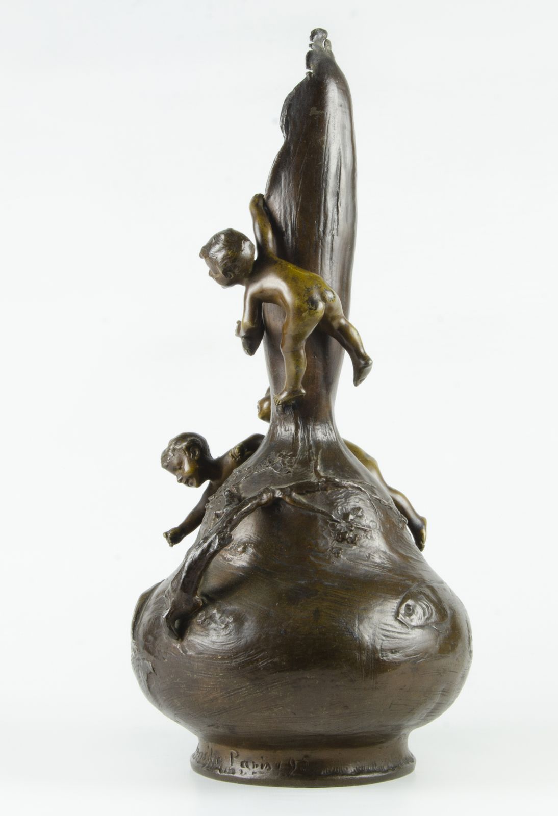 Pair Of Late 19th Century Art Nouveau Patinated Bronze Vases With Children Fishing By Austrian Author Ignar Mansch, France photo for sale