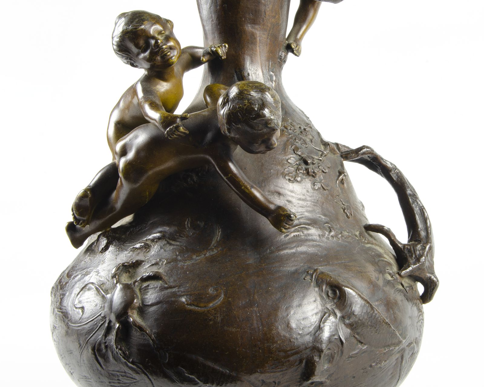 Pair Of Late 19th Century Art Nouveau Patinated Bronze Vases With Children Fishing By Austrian Author Ignar Mansch, France photo vintage