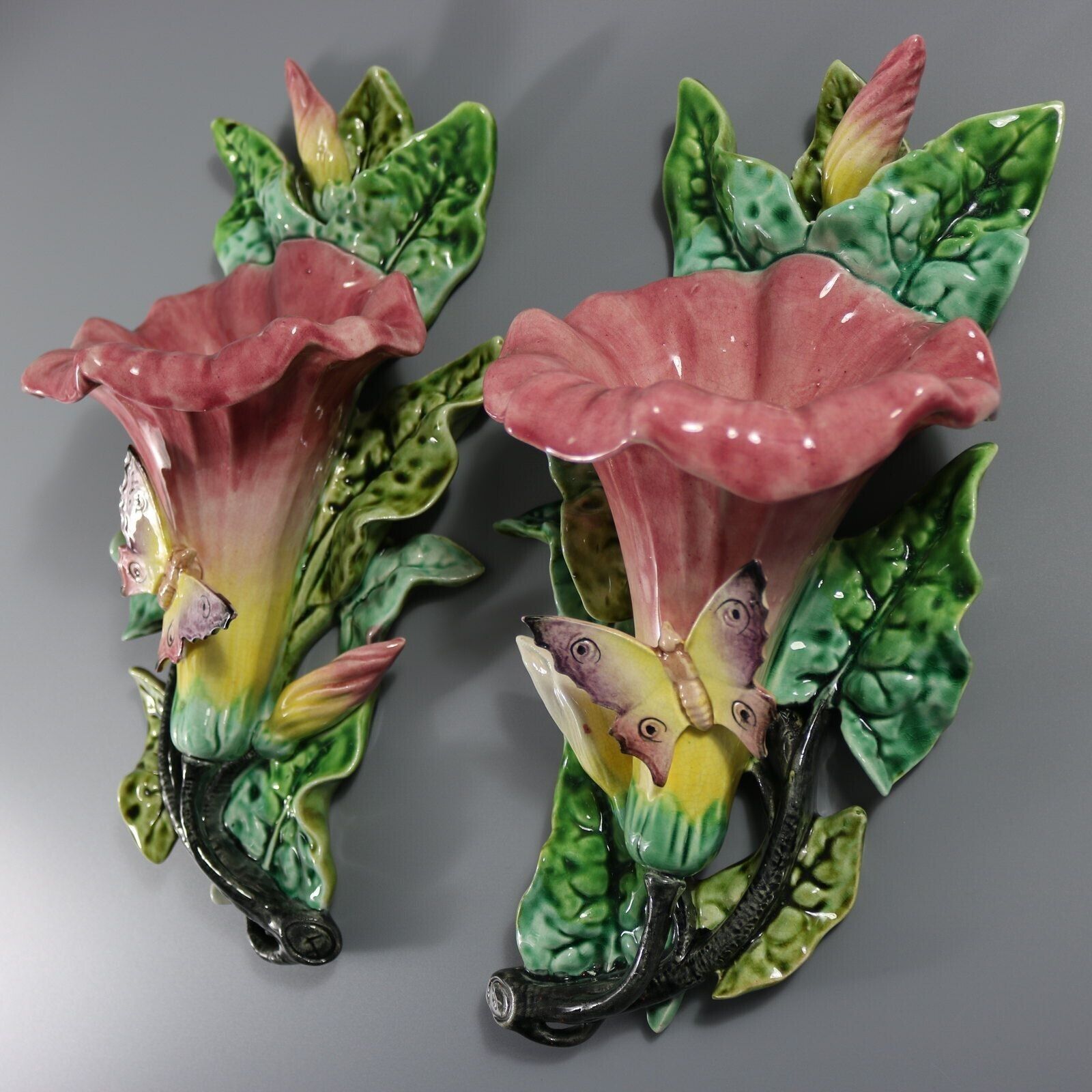 Pair Fives Lille Majolica Butterfly Wall Pockets photo for sale