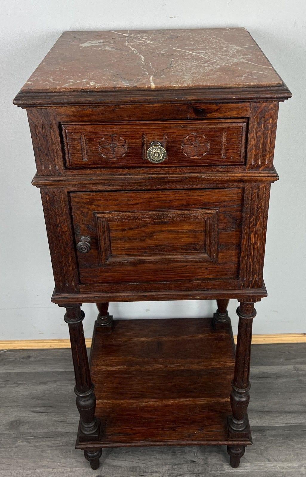 Bedside Table Antique French Oak Marble Top Cabinet Nightstand Lot 4806
