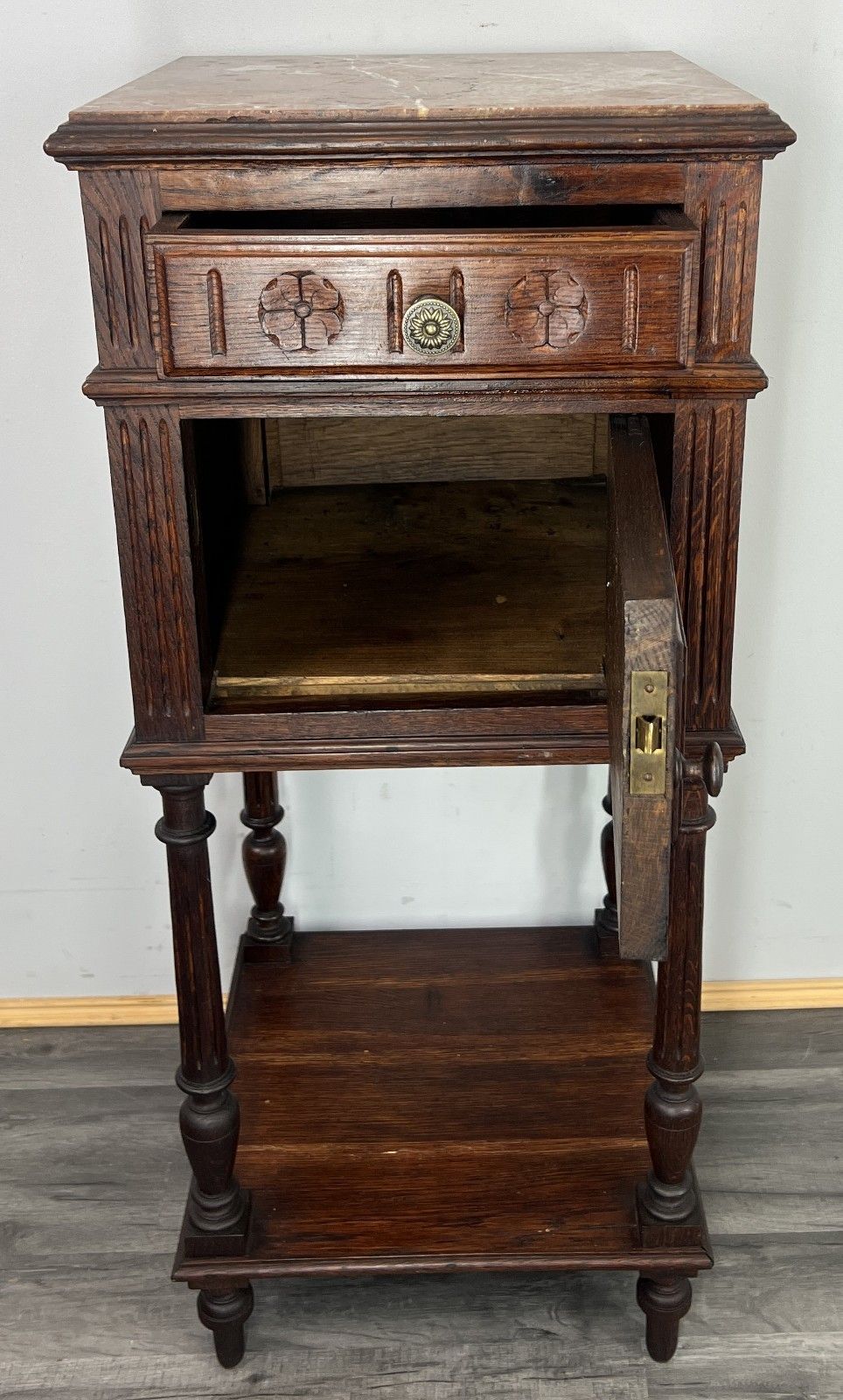 Bedside Table Antique French Oak Marble Top Cabinet Nightstand Lot 4806 photo Furniture