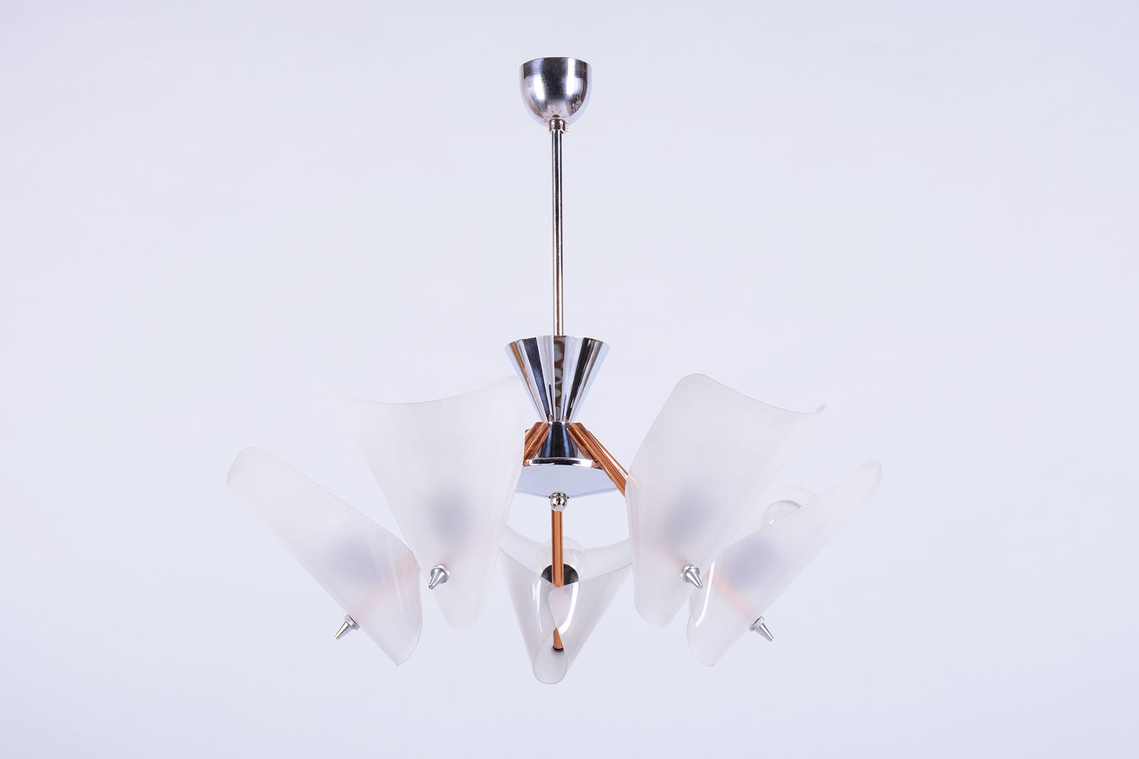 Restored Mid Century Chandelier, By Drukov, Copper, Chrome, Czech, 1960s