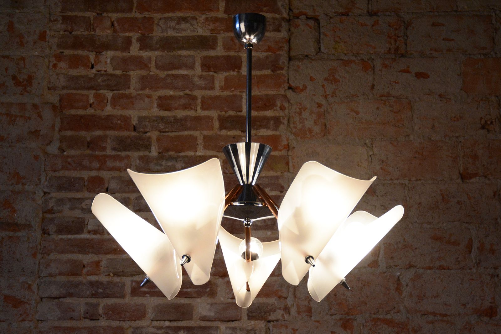 Restored Mid Century Chandelier, By Drukov, Copper, Chrome, Czech, 1960s photo vintage