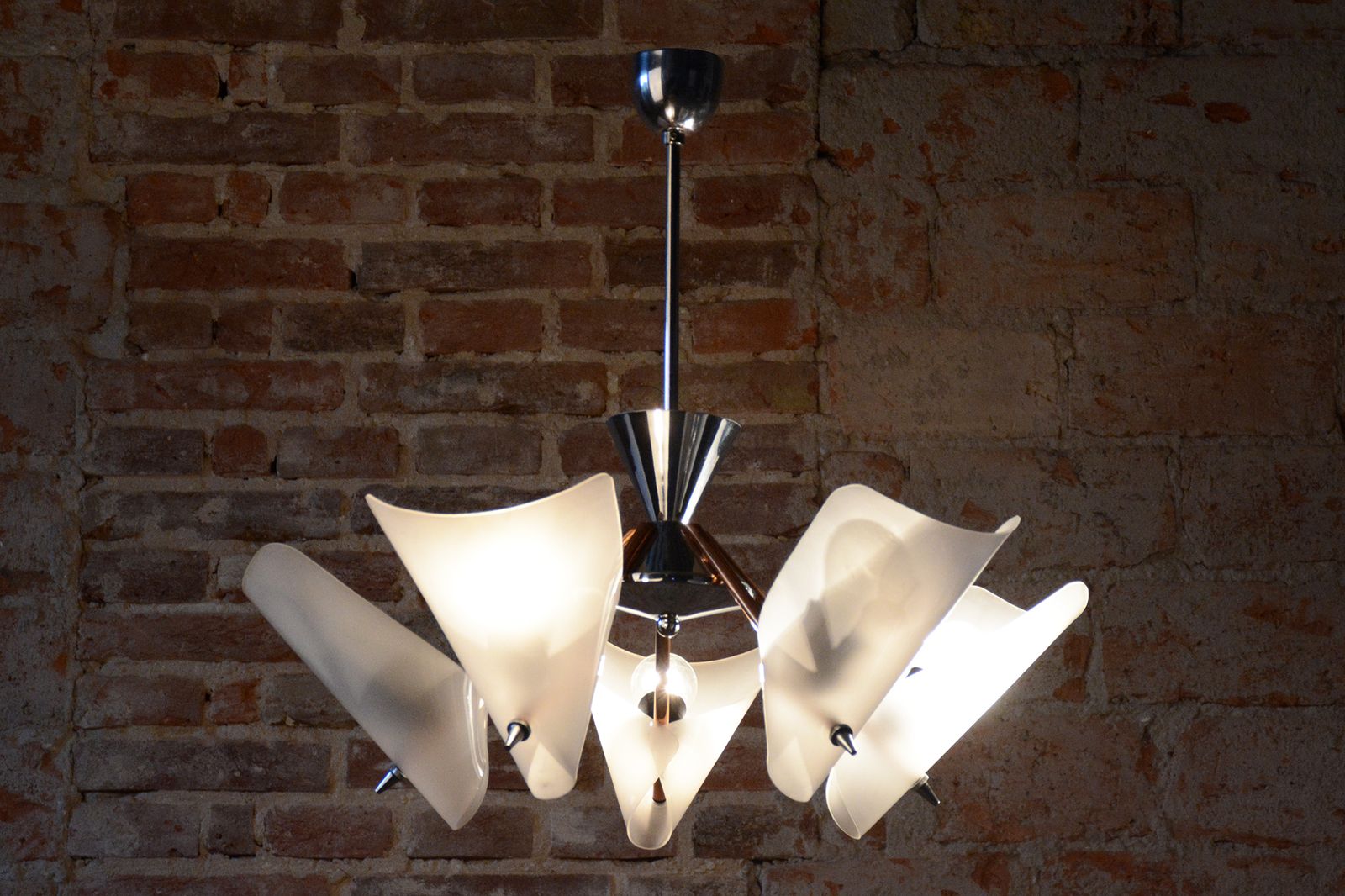 Lighting Restored Mid Century Chandelier, By Drukov, Copper, Chrome, Czech, 1960s photo