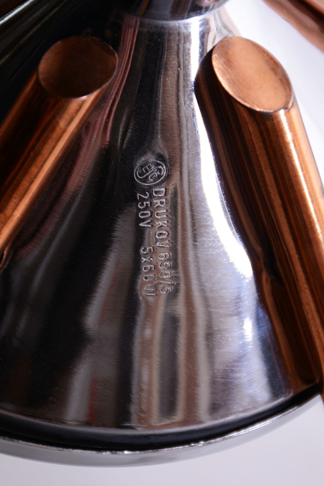 650.0 Restored Mid Century Chandelier, By Drukov, Copper, Chrome, Czech, 1960s photo