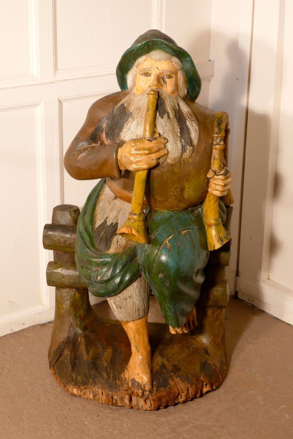 Charming 1920s Carved Wooden Figure Of The Seated Pied Piper