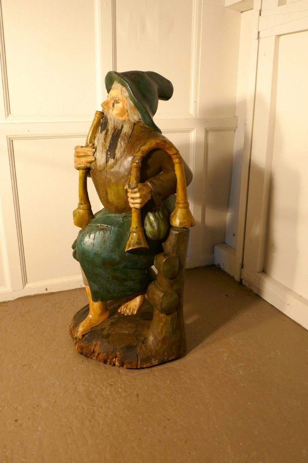 Charming 1920s Carved Wooden Figure Of The Seated Pied Piper photo for sale