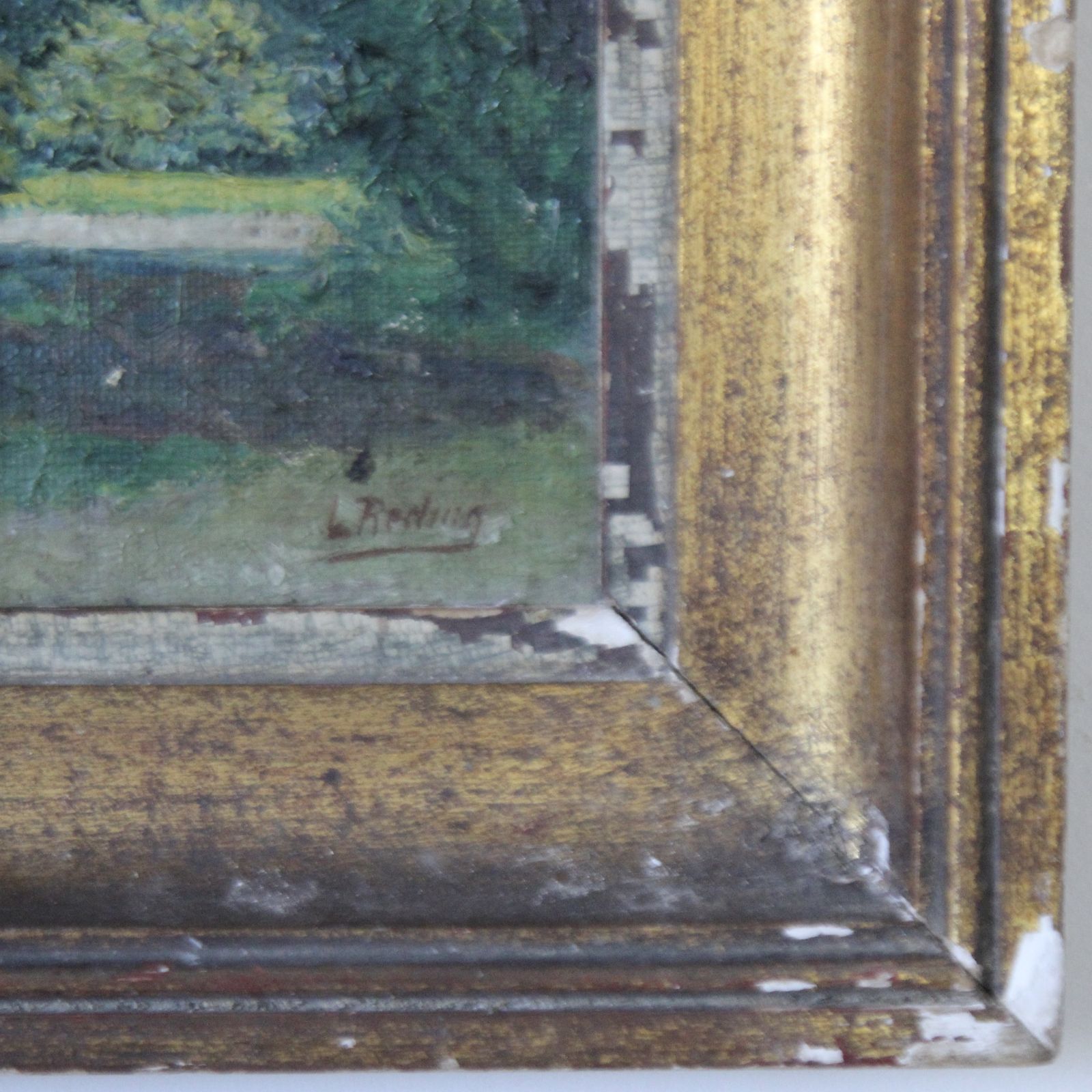 Antique Landscape Painting In Original Gilt Frame photo vinterior