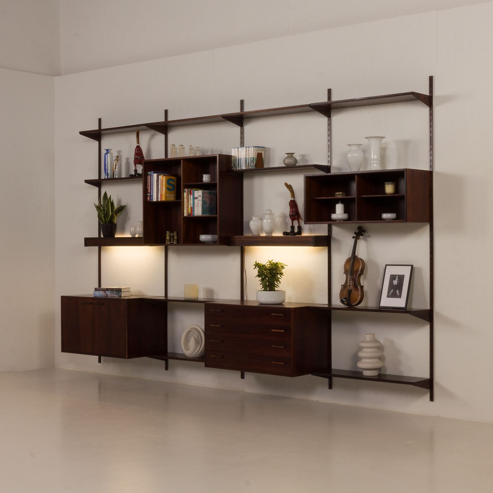 Kai Kristiansen Rosewood Wall Unit With 2 Lamps For Fm Mobler, Denmark 1960s