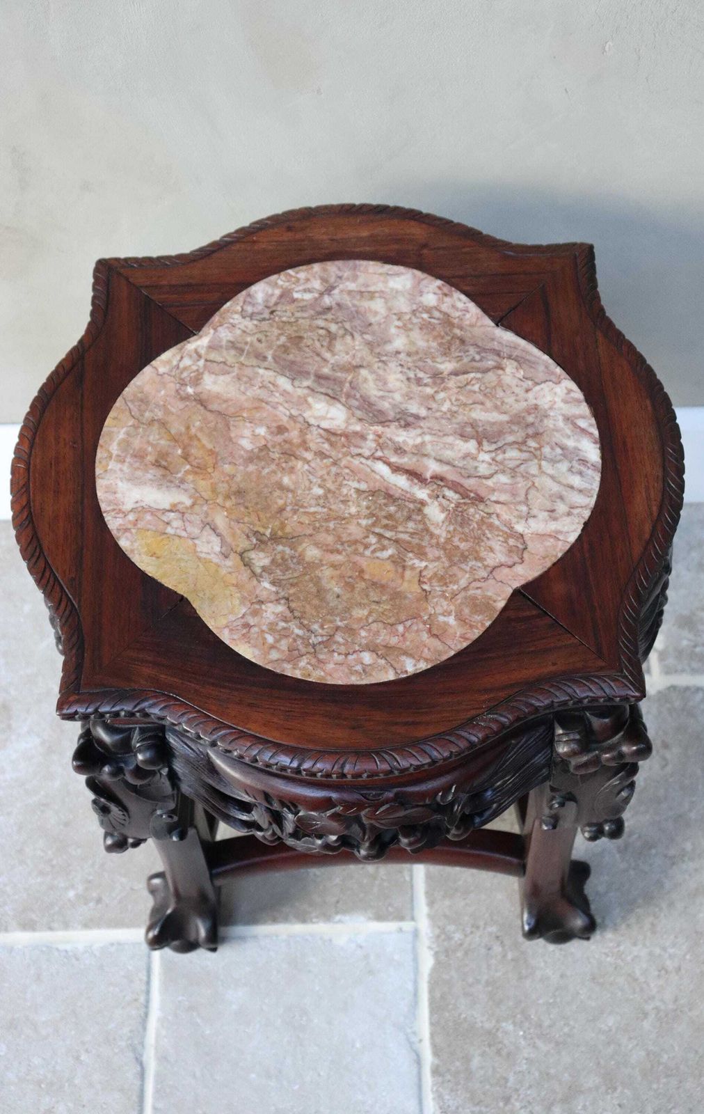 449.0 Carved Wood Plant Stand, Marble Top, Asian Style Accent Table (St.275) photo