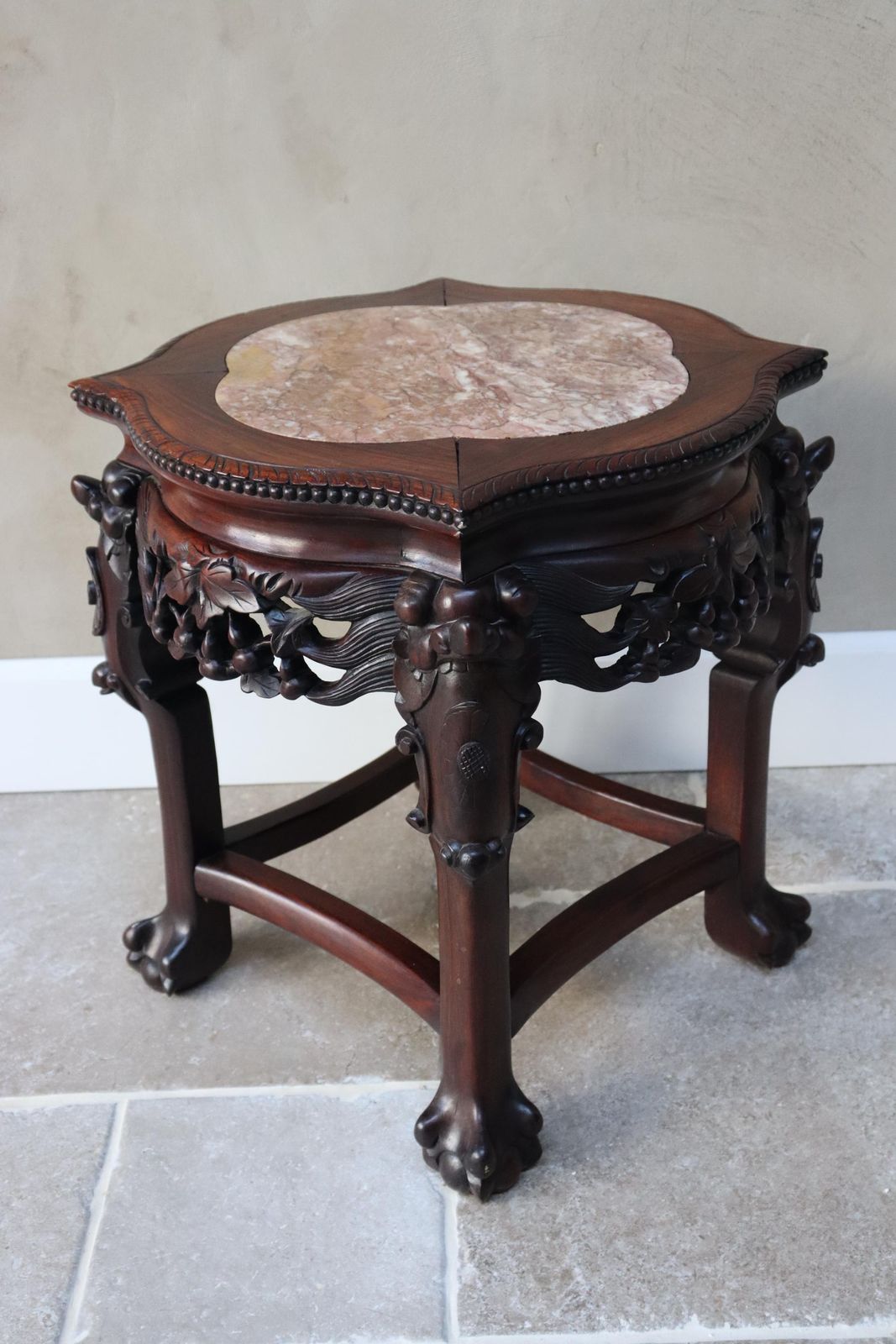 photo buy Carved Wood Plant Stand, Marble Top, Asian Style Accent Table (St.275)