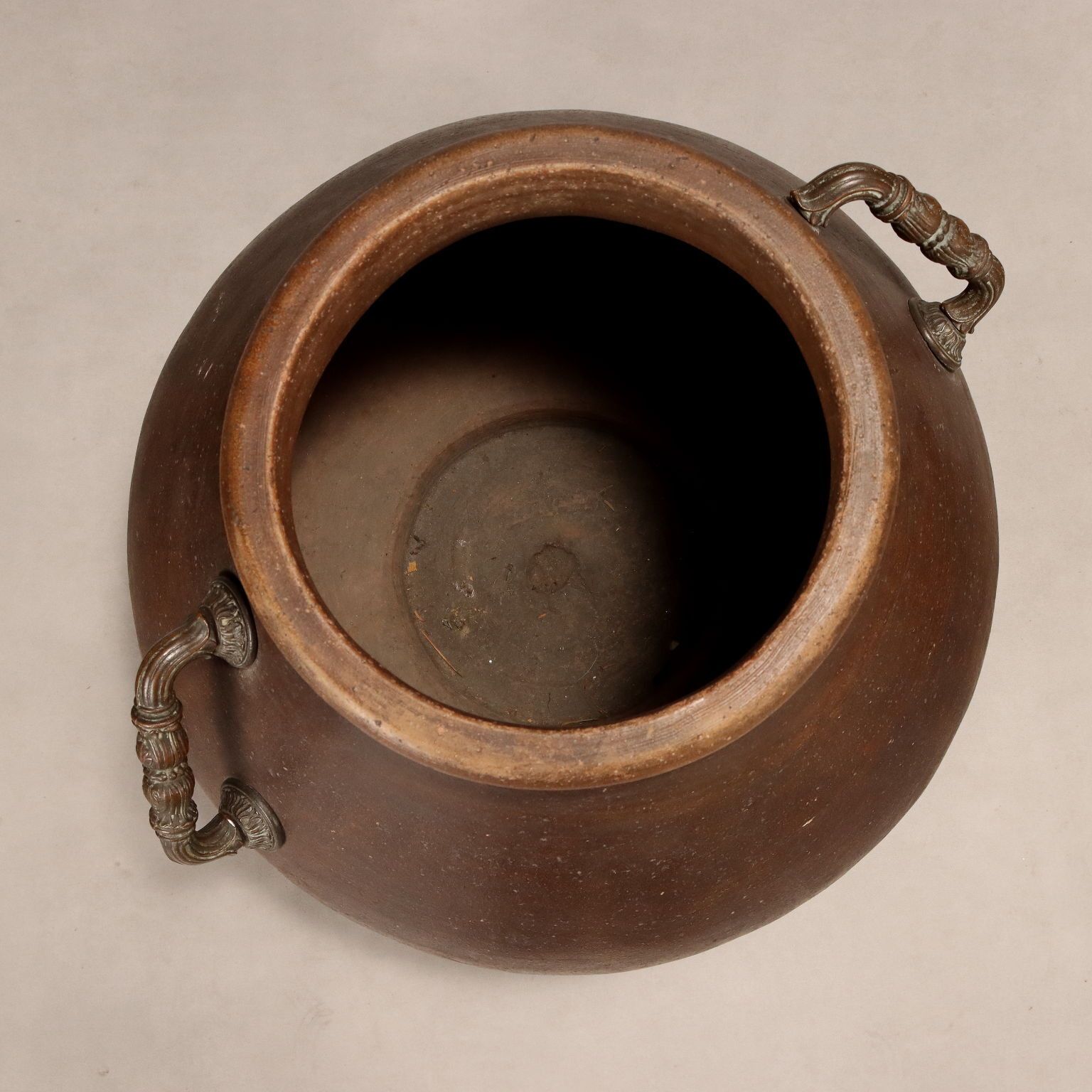 Antique Terracotta Jar Bronze Finished Handles XX Century photo Home Decor