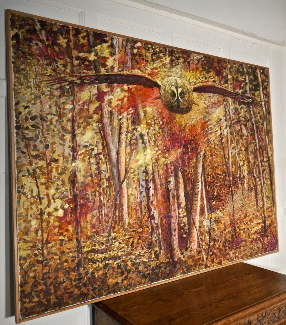 Large Oil/Acrylic On Canvas, Owl Flying Out Of The Woods At Dusk photo buy
