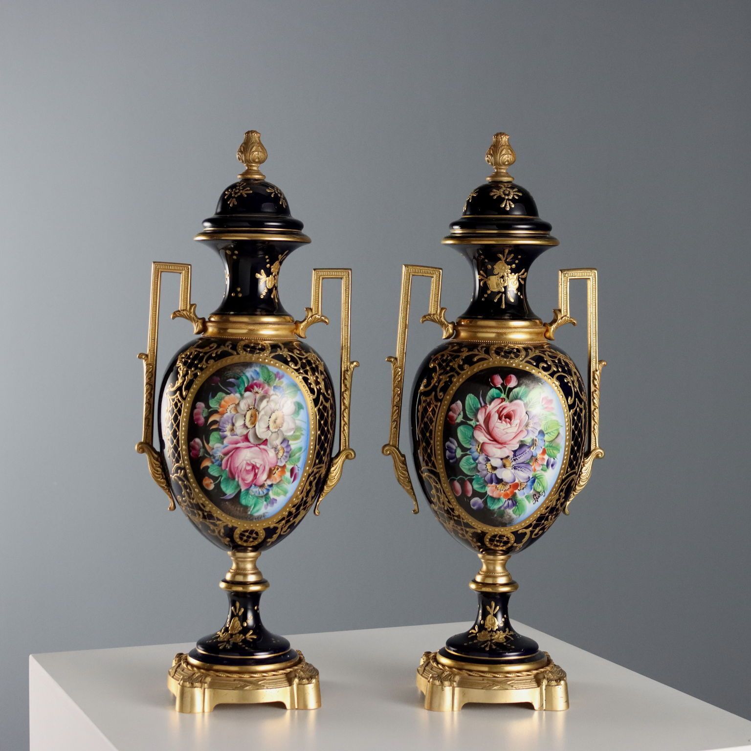 Antique Vases Porcelain Gilded Bronze Decorations XX Century