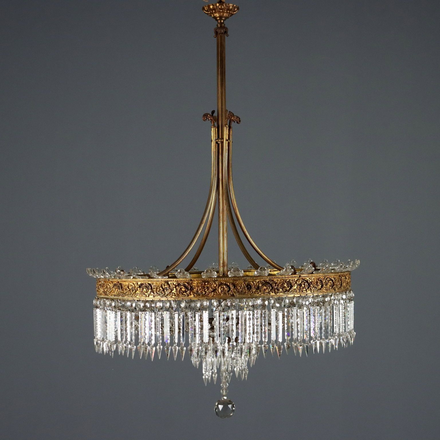 Antique Chandelier Empire Style Gilded Metal Glass XX Century
