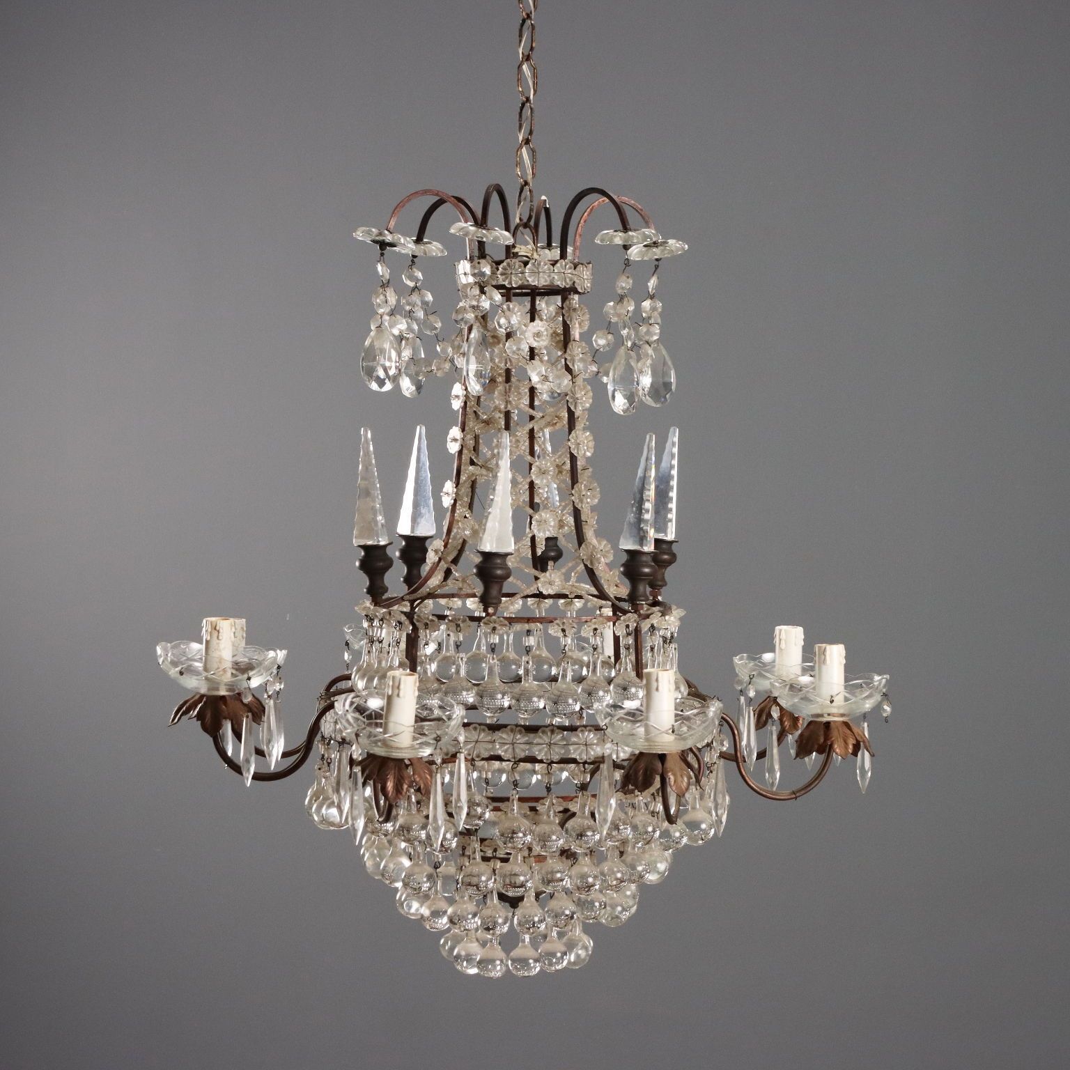 Antique Chandeliers Burnished Metal Glass 8 Lights XX Century photo Lighting