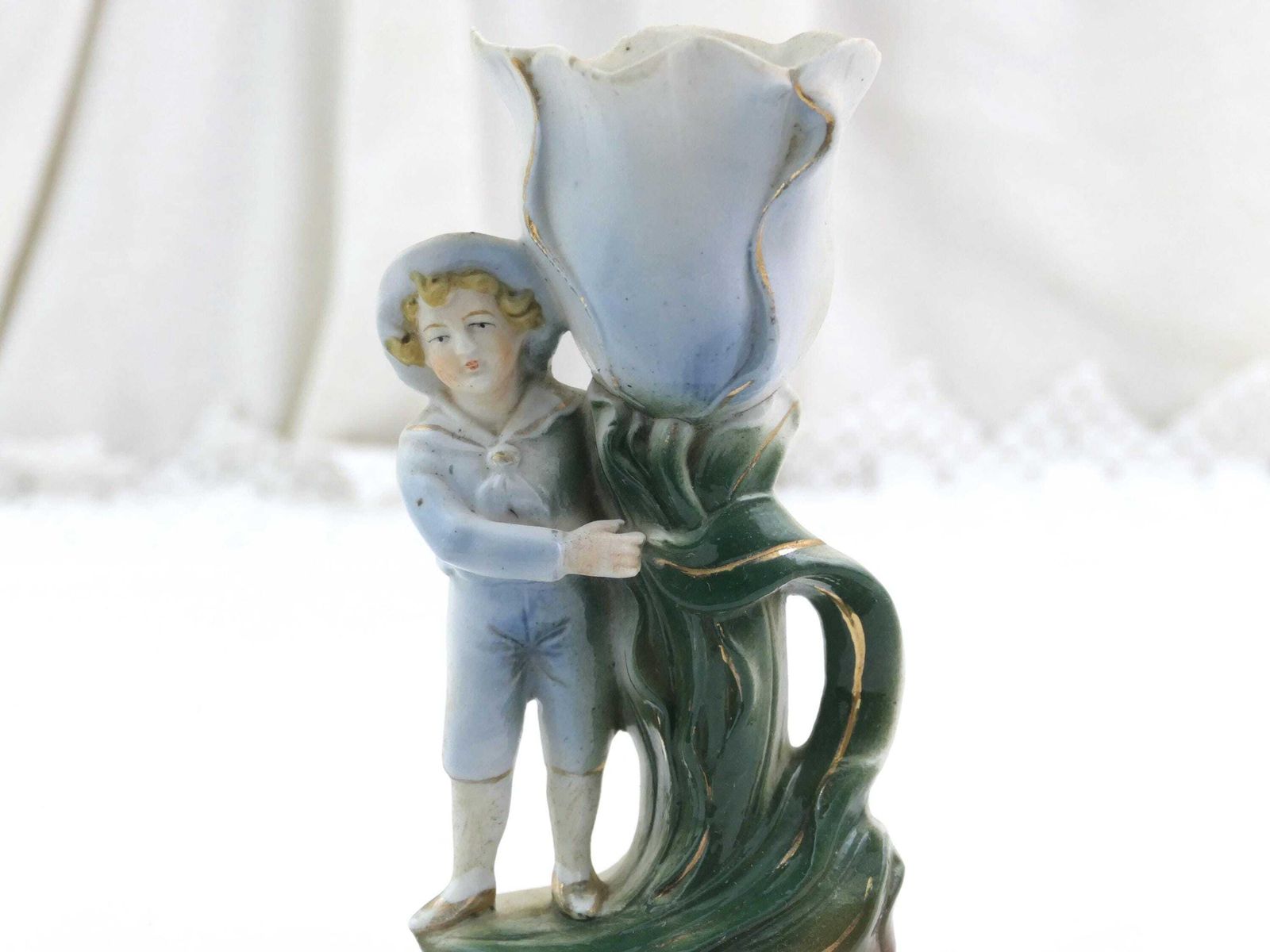 photo furniture Antique German Bisque Porcelain China Figurine Boy With Large Tulip Flower Vase #2189, Retro Late Victorian Ceramic Collectible Germany