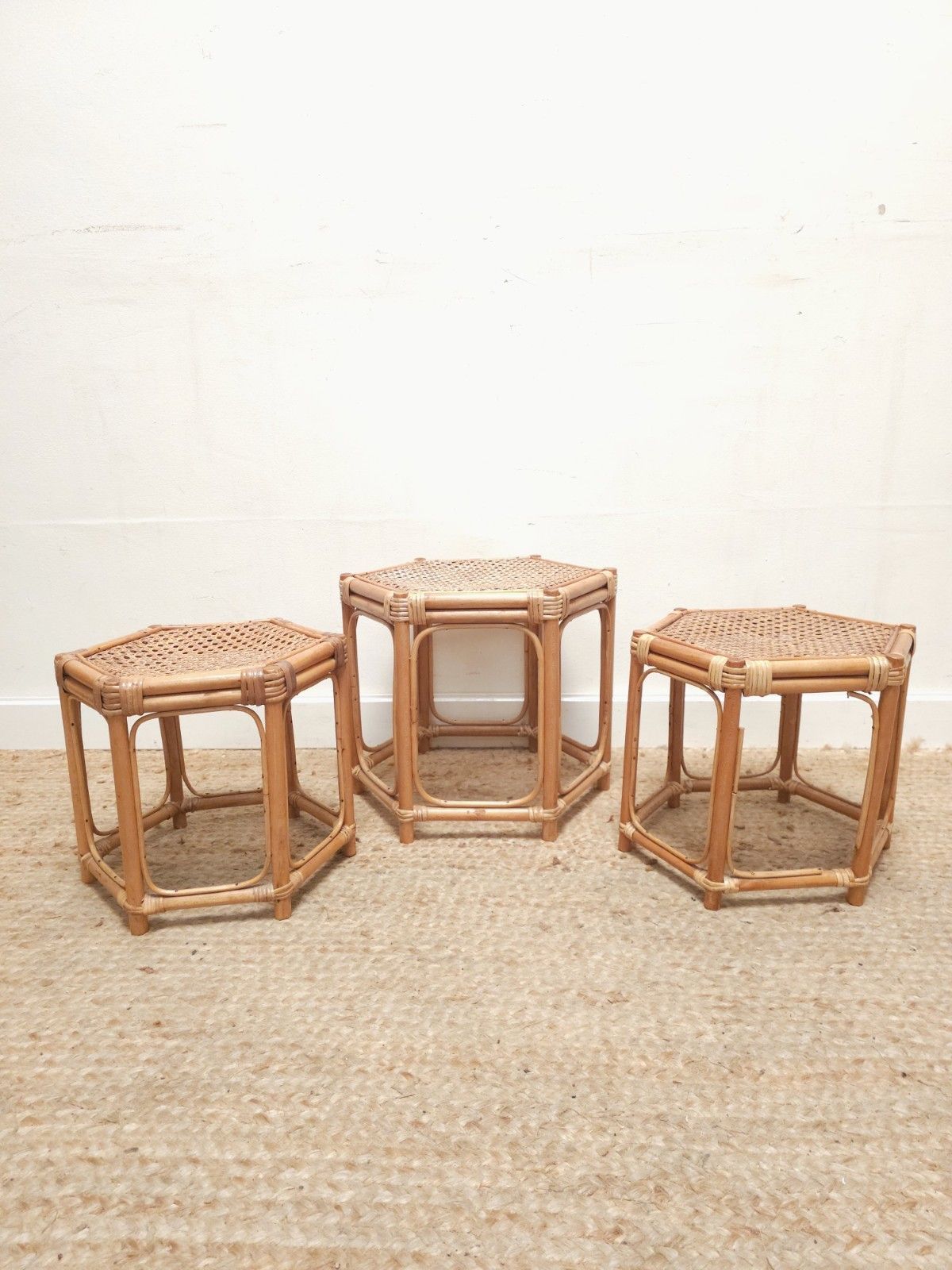 Retro Bamboo Nest Of Coffee Tables Mid Century Original 1970s Vintage Delivery photo Furniture