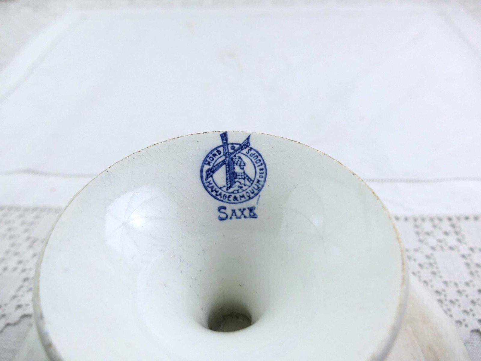 Antiek Frans Blauw Wit Porseleinen Compoteschaal – Moulin Des Loups, Saxe Model – Vintage Victoriaans Aardewerk Op Voetstuk photo buy