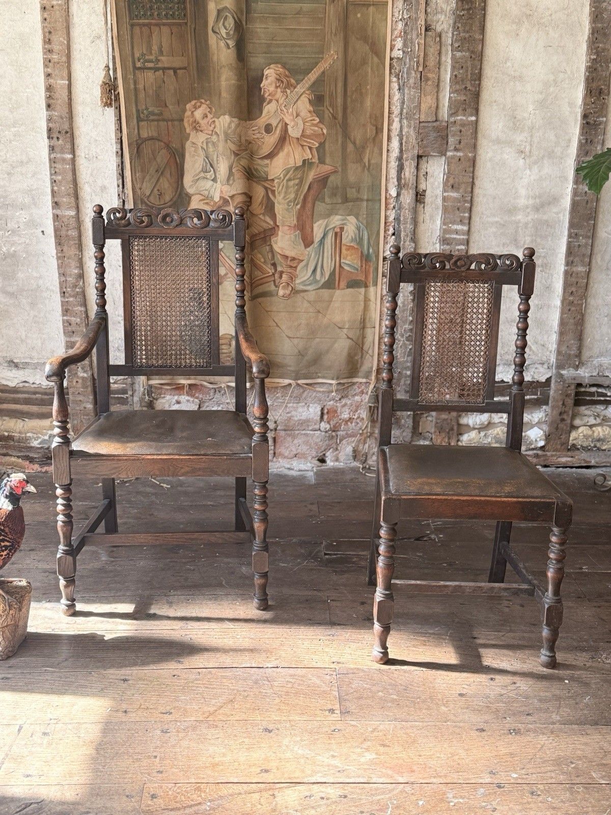 Pair Antique Oak Drop In Brown Leather Cane William And Mary Chairs Chair  X  2 photo furniture