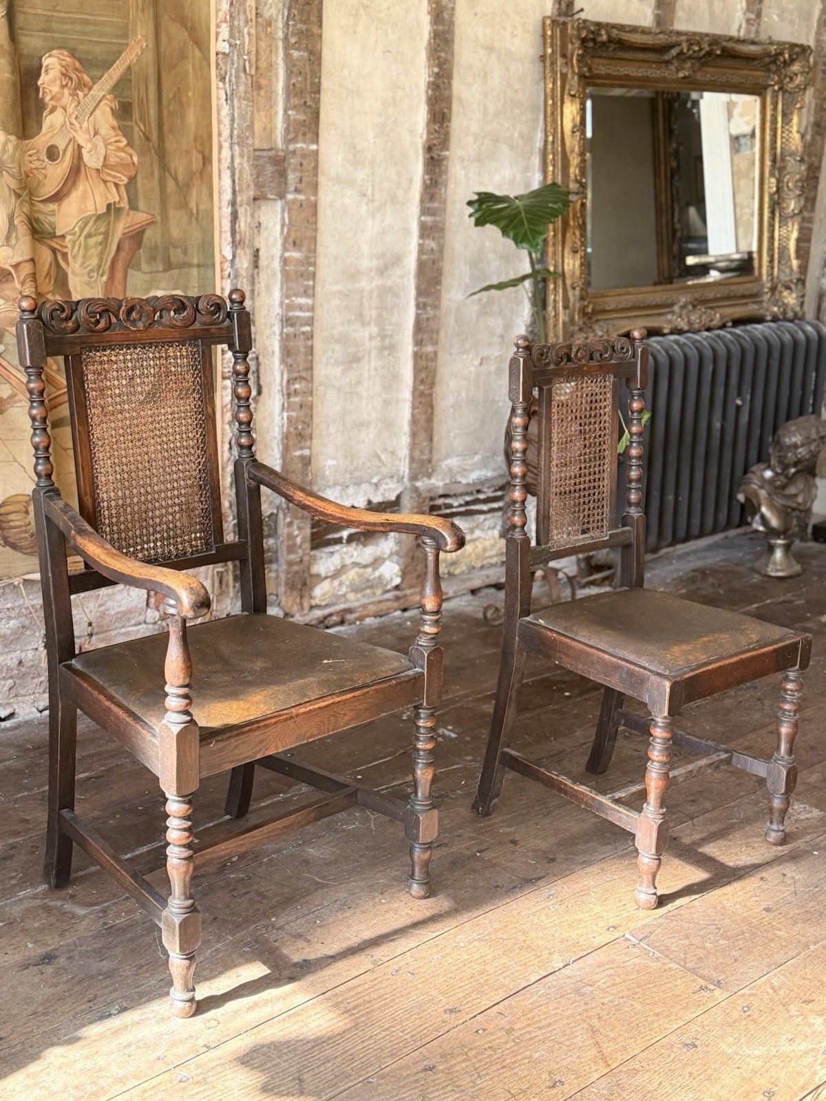 Pair Antique Oak Drop In Brown Leather Cane William And Mary Chairs Chair  X  2 photo for sale