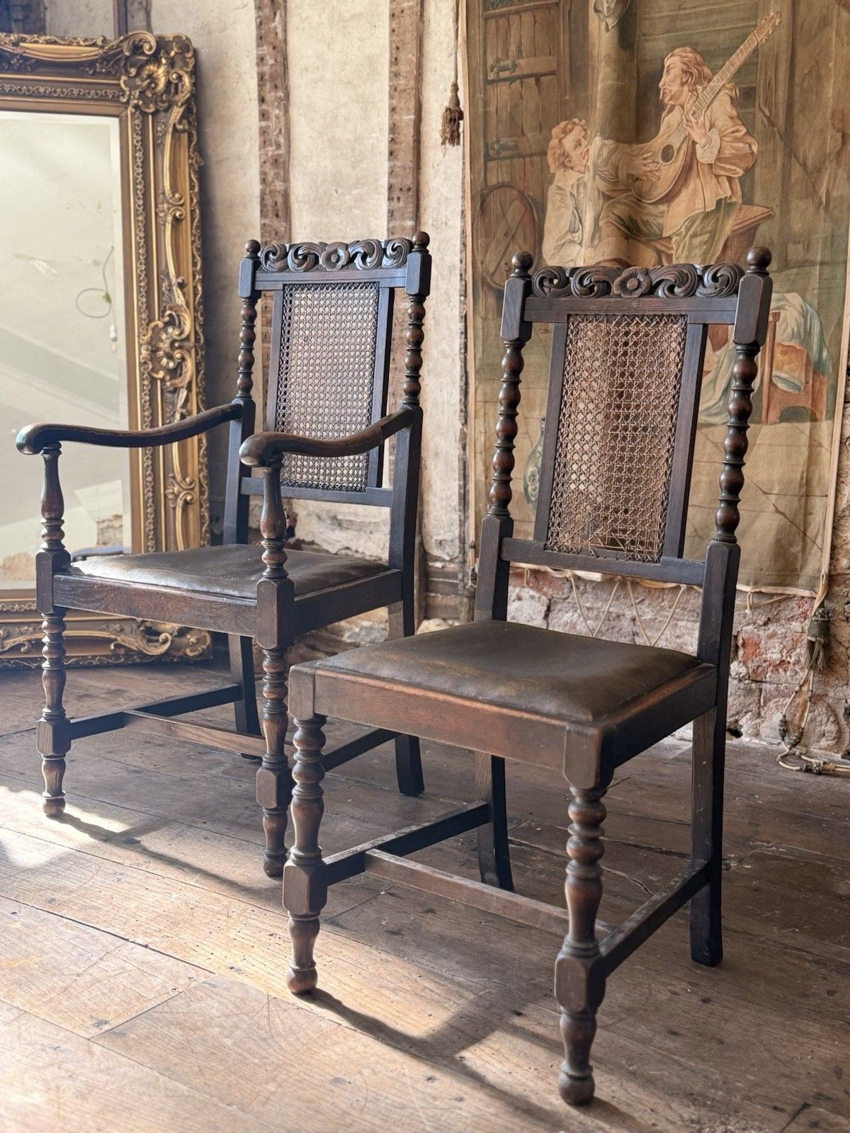 Pair Antique Oak Drop In Brown Leather Cane William And Mary Chairs Chair  X  2 photo vinterior