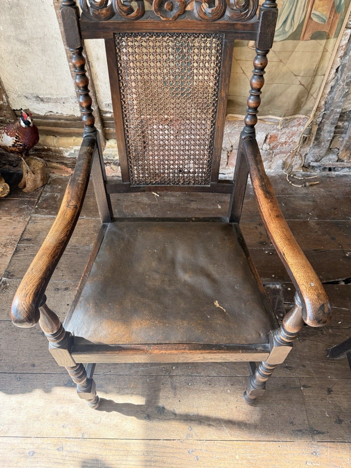 Pair Antique Oak Drop In Brown Leather Cane William And Mary Chairs Chair  X  2 photo vintage