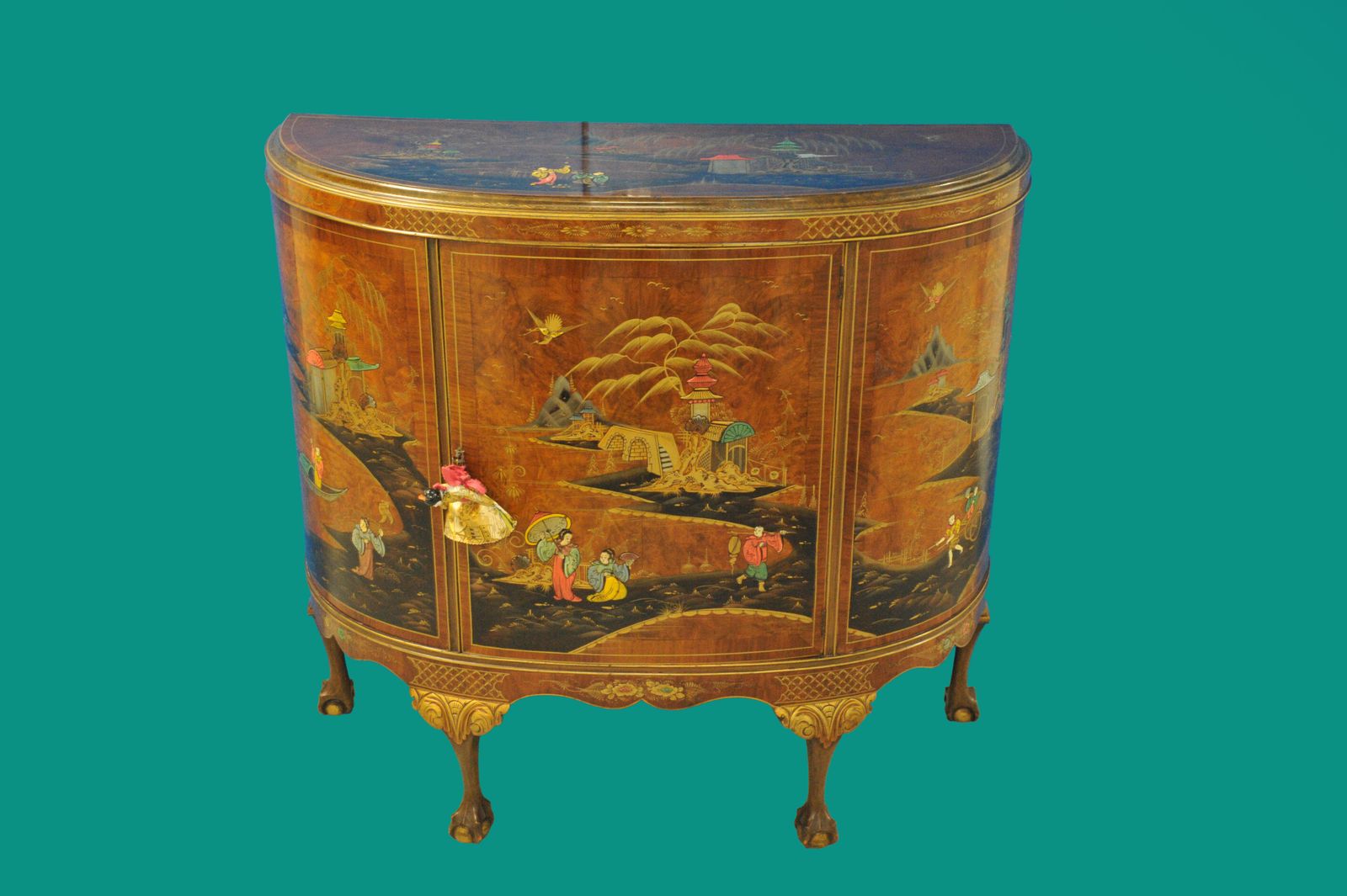 Antique C.1910 Chinoiserie Demi Lune Cabinet Hand Painted Gilt Asian Decor