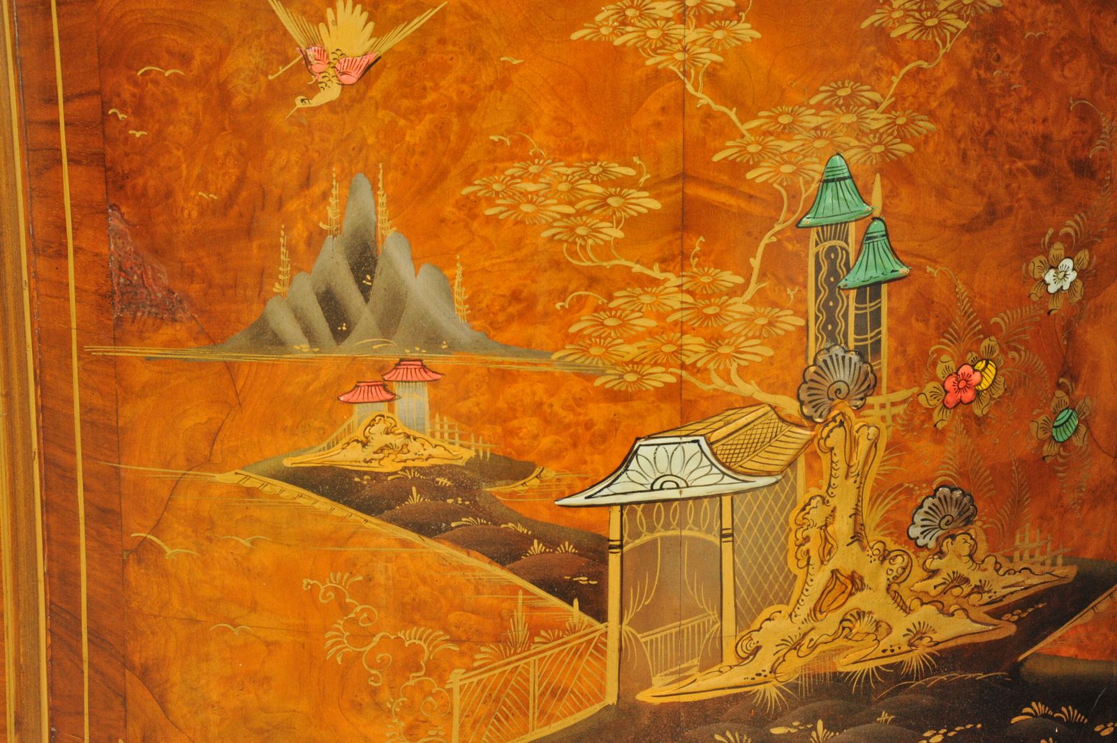 photo furniture Antique C.1910 Chinoiserie Demi Lune Cabinet Hand Painted Gilt Asian Decor