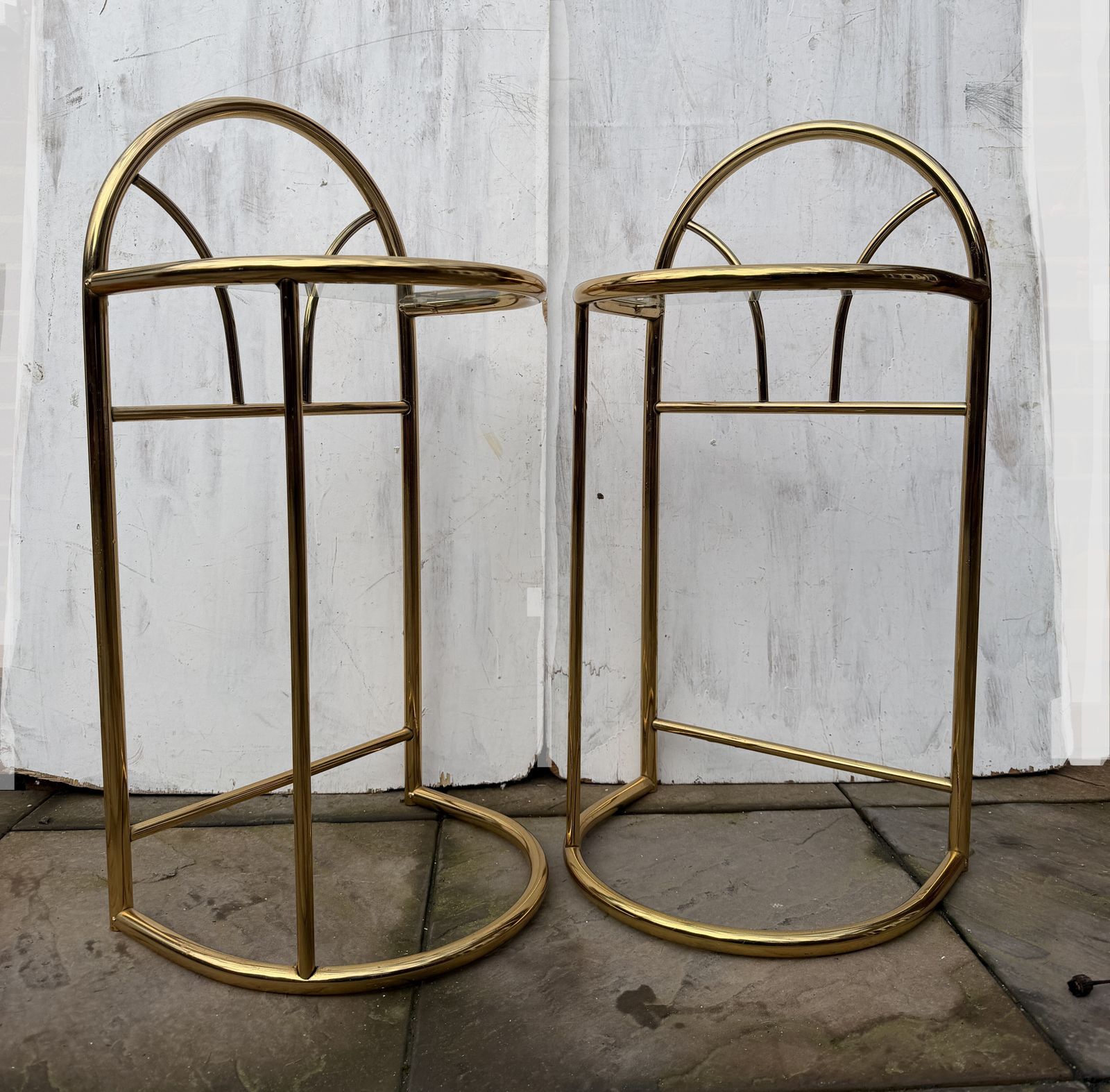 Elegant Pair Of 80s Art Deco Brass & Glass Top Bedside / Side Tables   Great Condition photo for sale