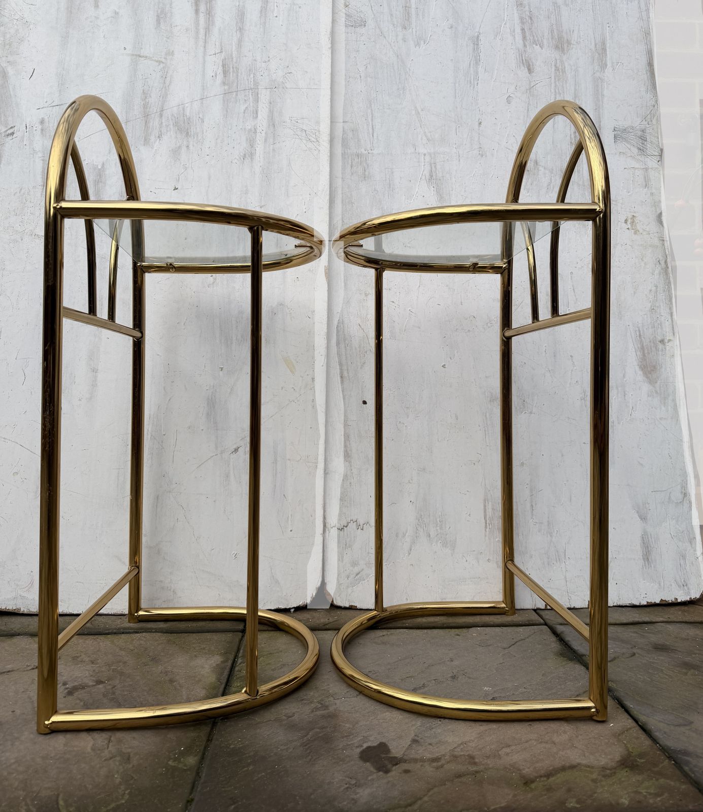 Elegant Pair Of 80s Art Deco Brass & Glass Top Bedside / Side Tables   Great Condition photo 450.0