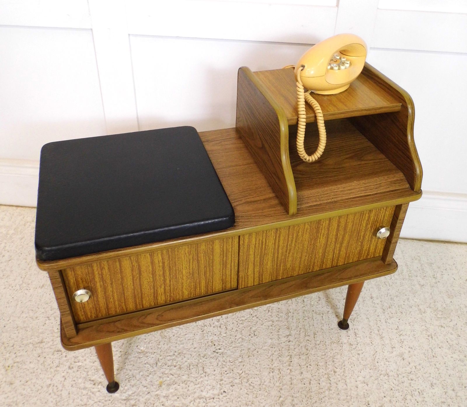Vintage Retro Telephone Seat Bench Storage Cupboard 1970s Teak Effect photo furniture