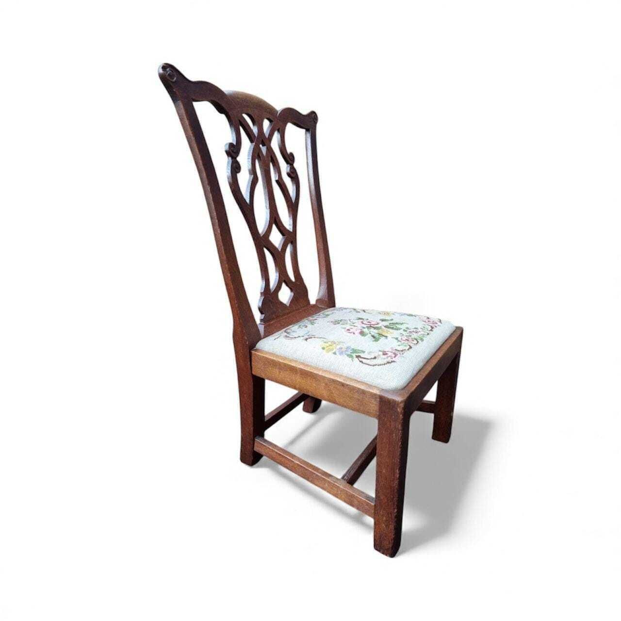Antique Wooden Low Chair / Needlepoint Seat / C1920 photo furniture