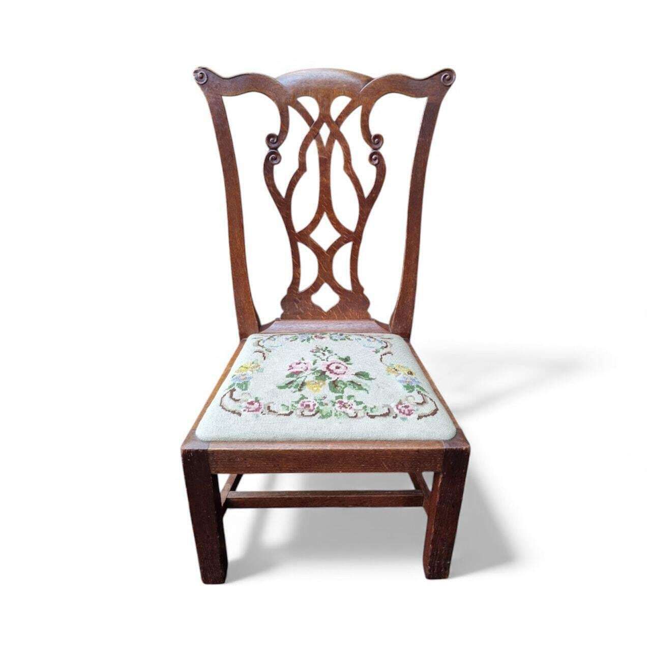 Antique Wooden Low Chair / Needlepoint Seat / C1920 photo Furniture