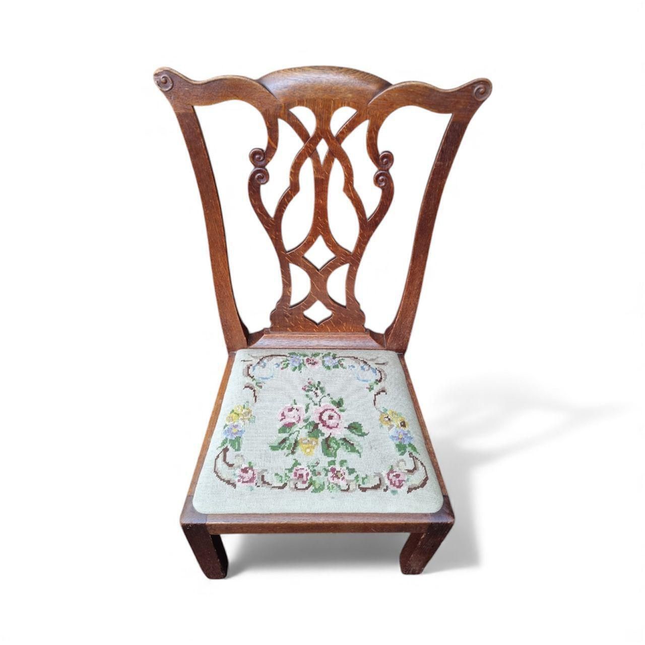 Antique Wooden Low Chair / Needlepoint Seat / C1920 photo vinterior