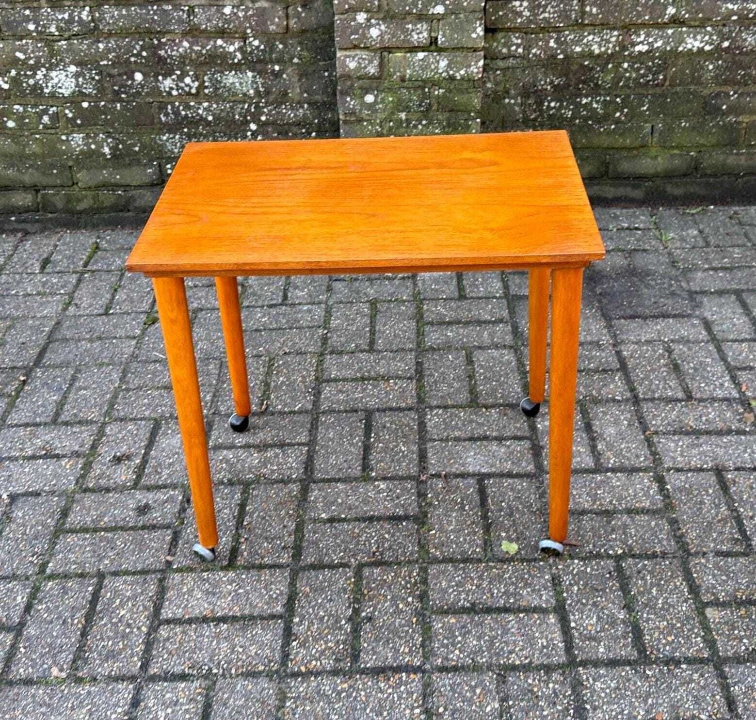 1970s Teak Style Table On Castors, Vintage Mid Century Modern Scandinavian Style Furniture