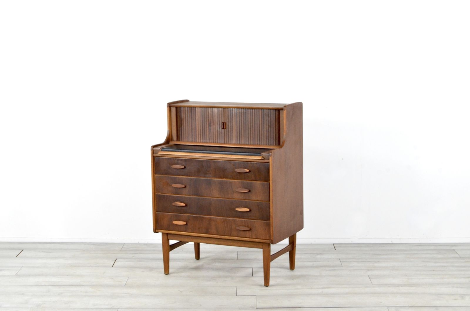 Vintage Midcentury Teak And Walnut Desk Bureau With Tambour Doors By Welters Of Wycombe