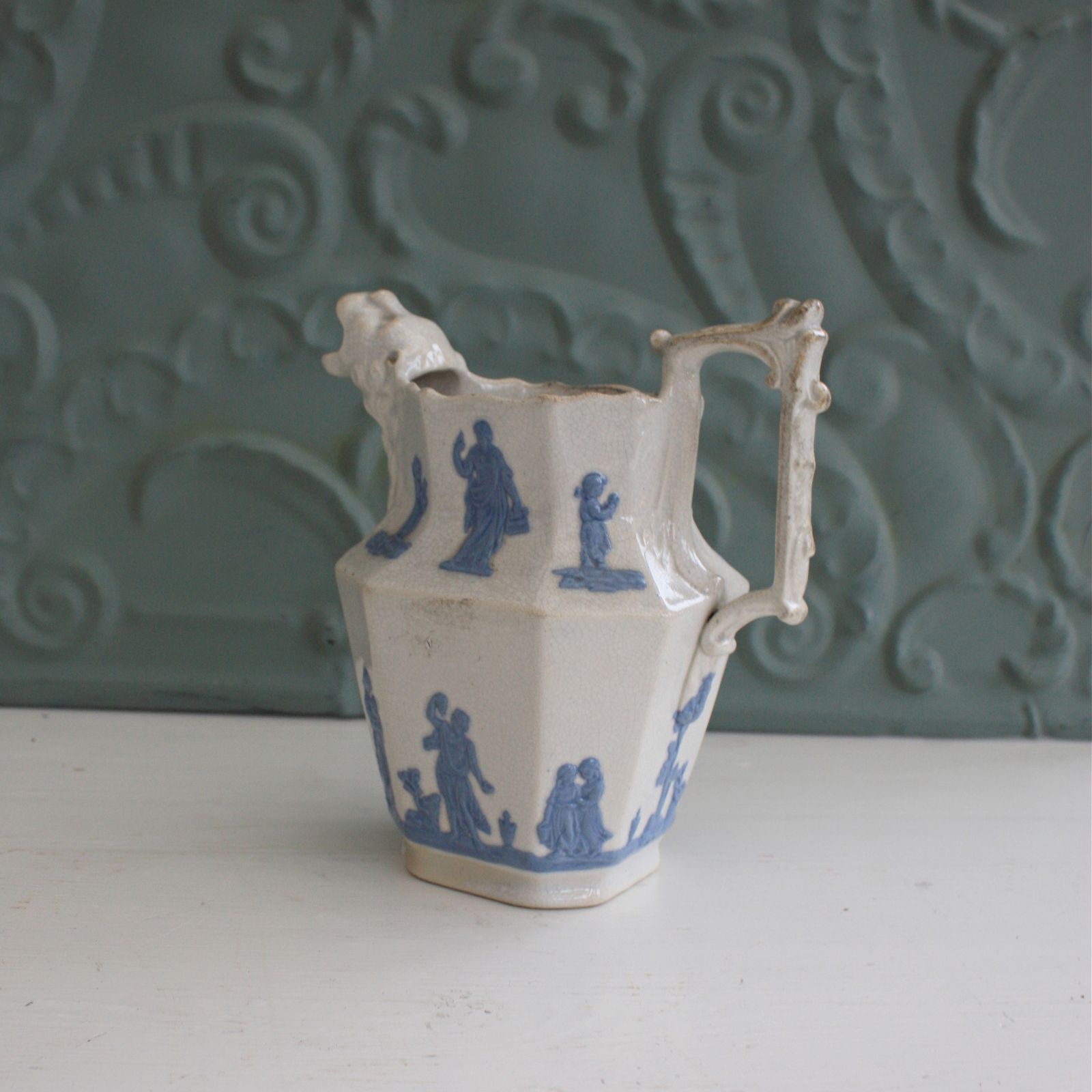Antique Staffordshire Porcelain Pitcher Blue On White With Lion Head Spout photo furniture