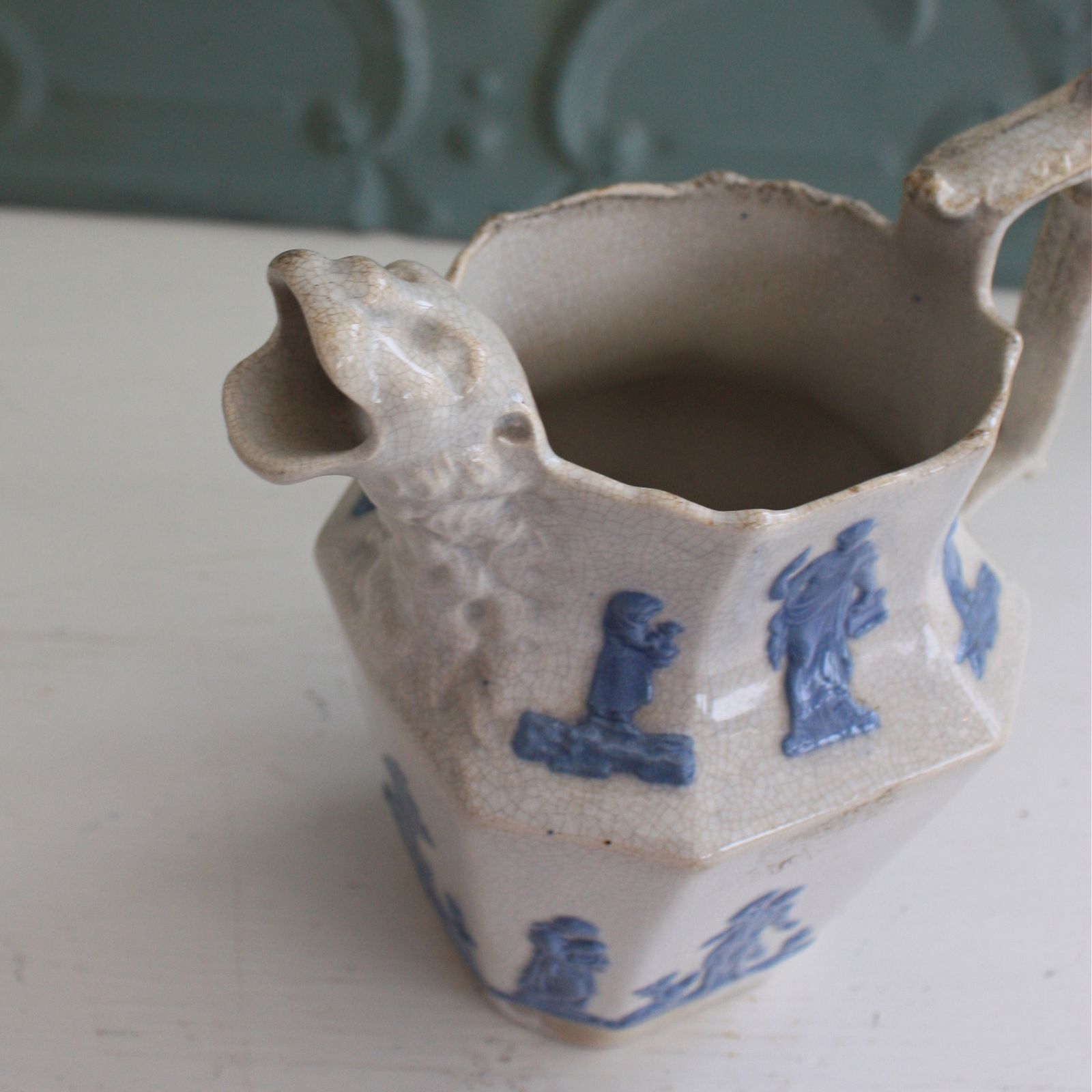 Antique Staffordshire Porcelain Pitcher Blue On White With Lion Head Spout photo 110.0
