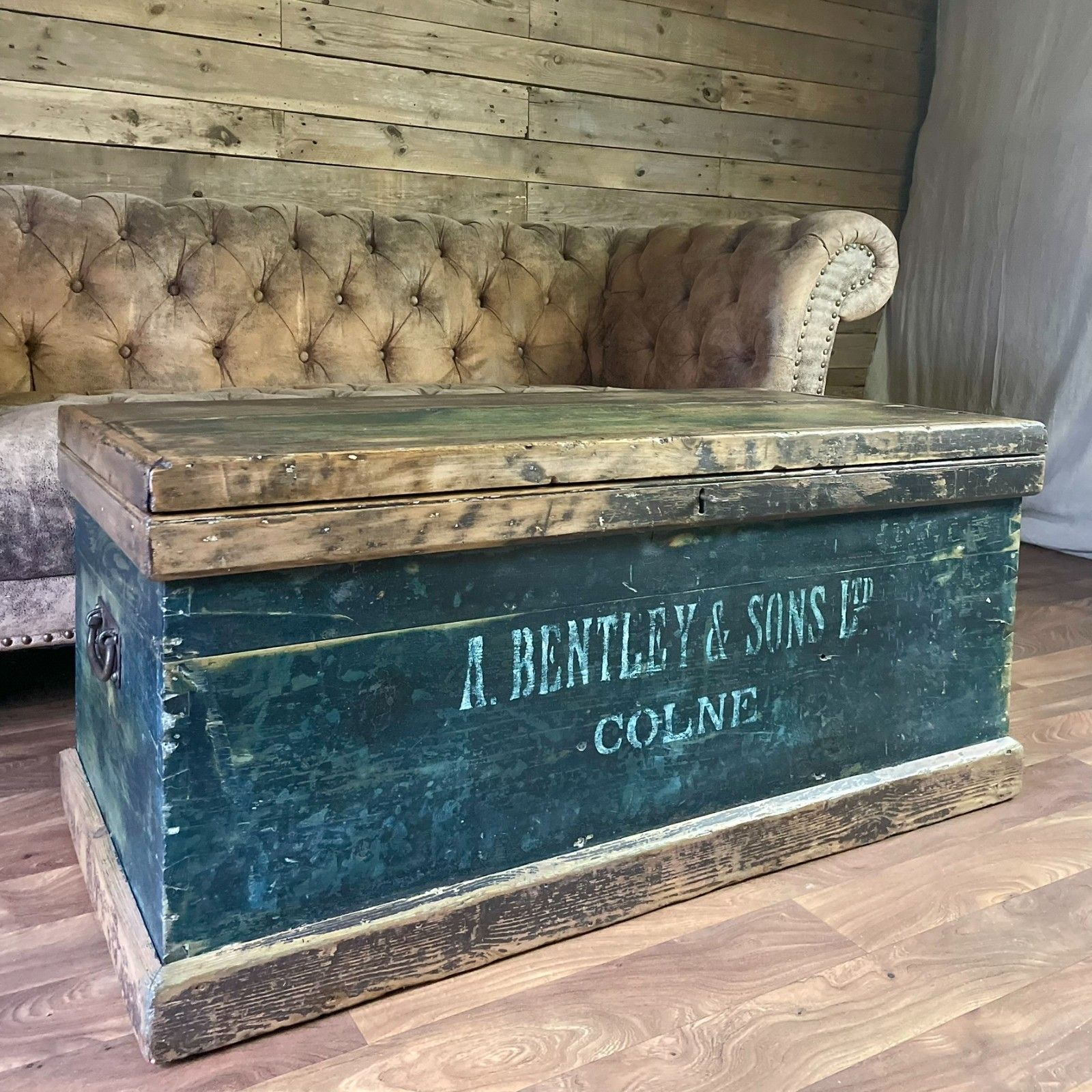 Antique Carpenters Industrial Chest, Large Wooden Storage Trunk & Key photo for sale