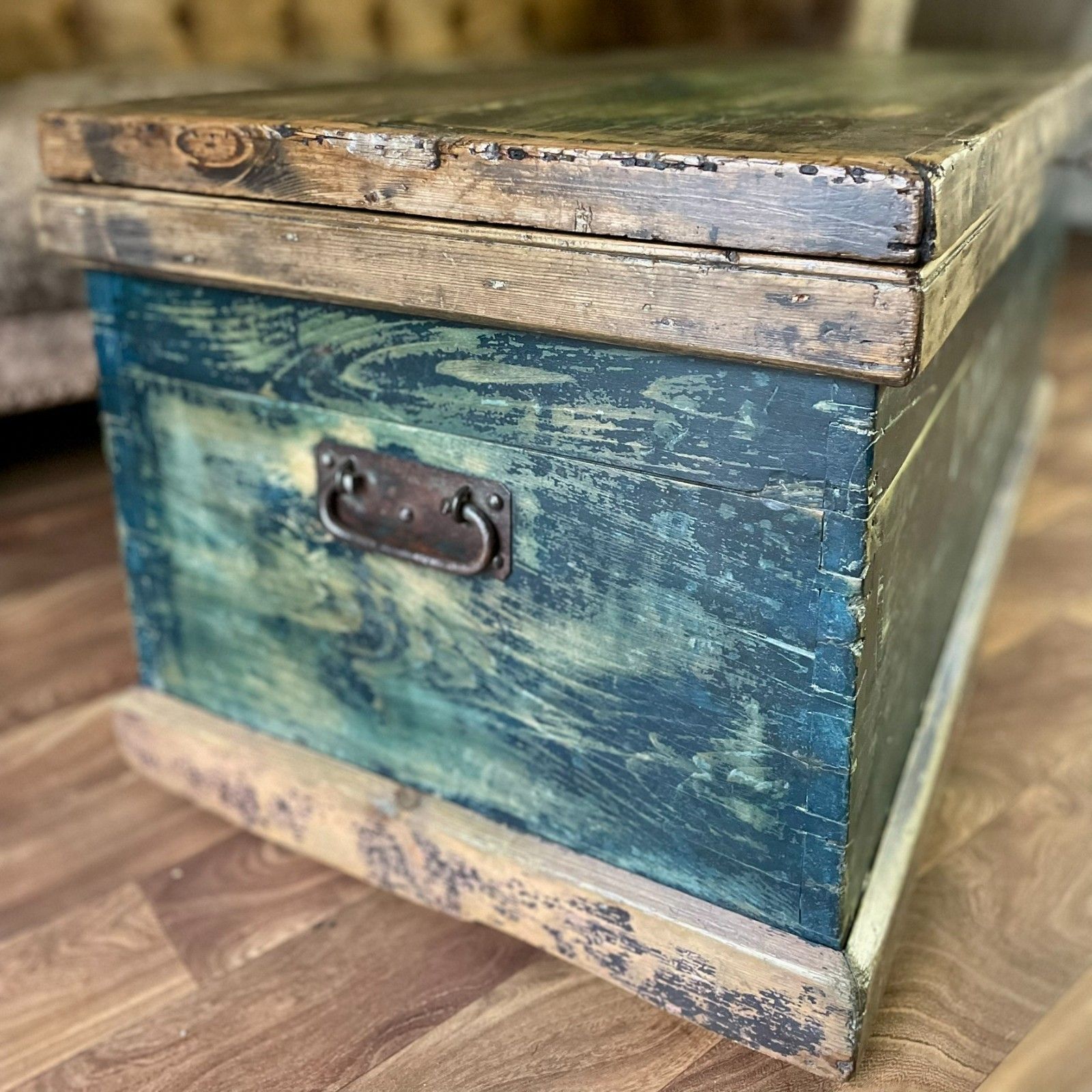 Antique Carpenters Industrial Chest, Large Wooden Storage Trunk & Key photo buy