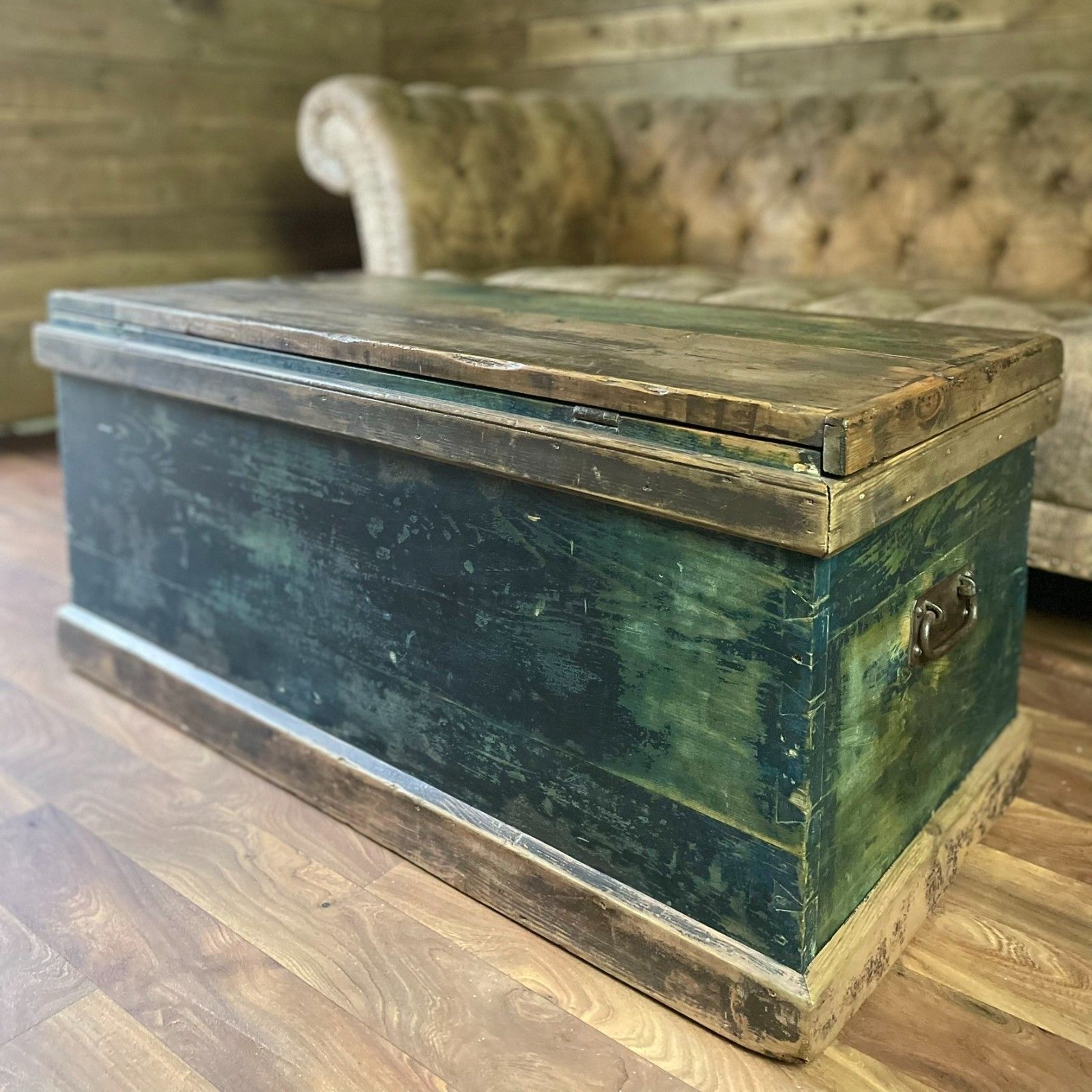 Furniture Antique Carpenters Industrial Chest, Large Wooden Storage Trunk & Key photo