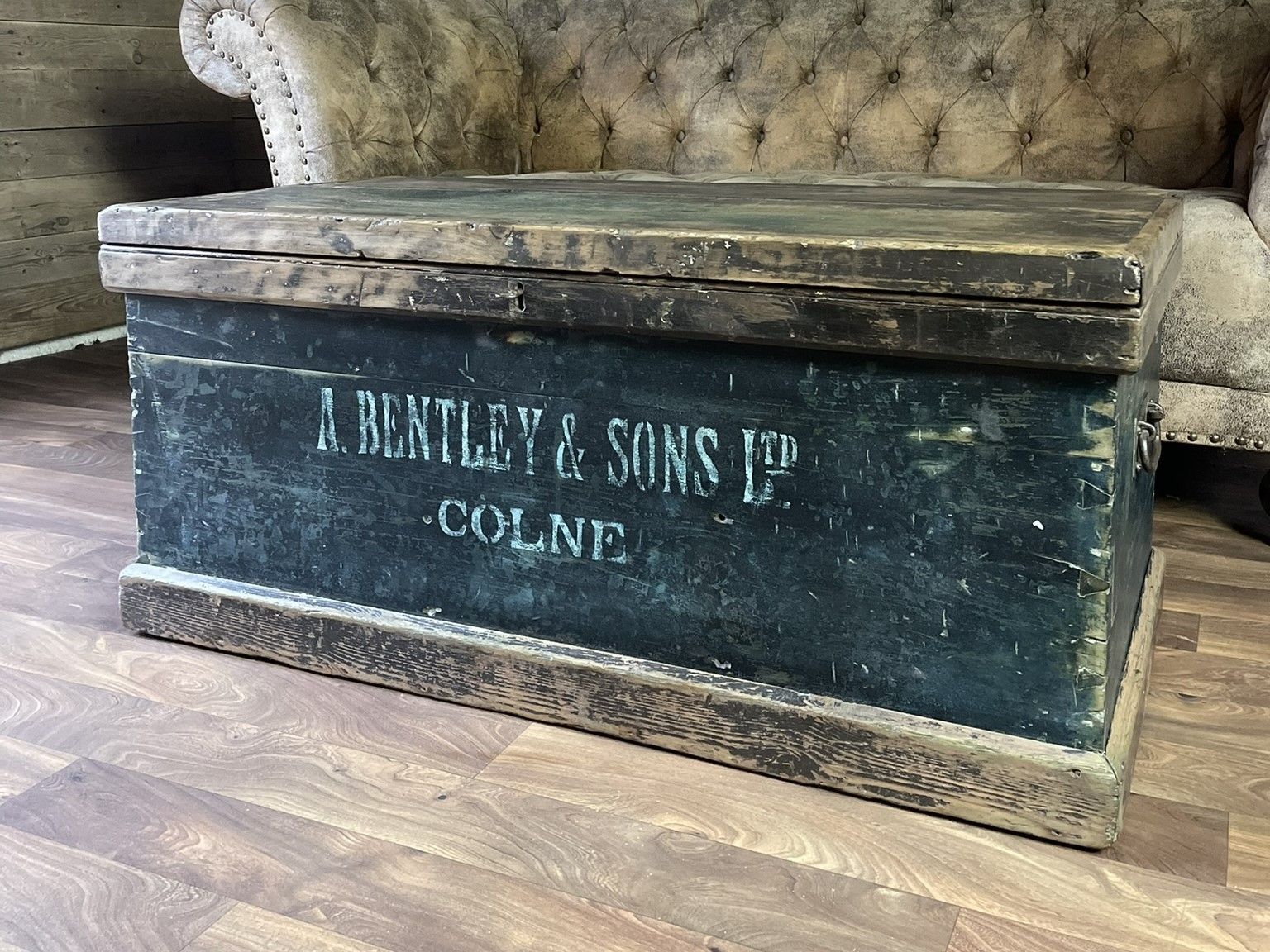 775.0 Antique Carpenters Industrial Chest, Large Wooden Storage Trunk & Key photo