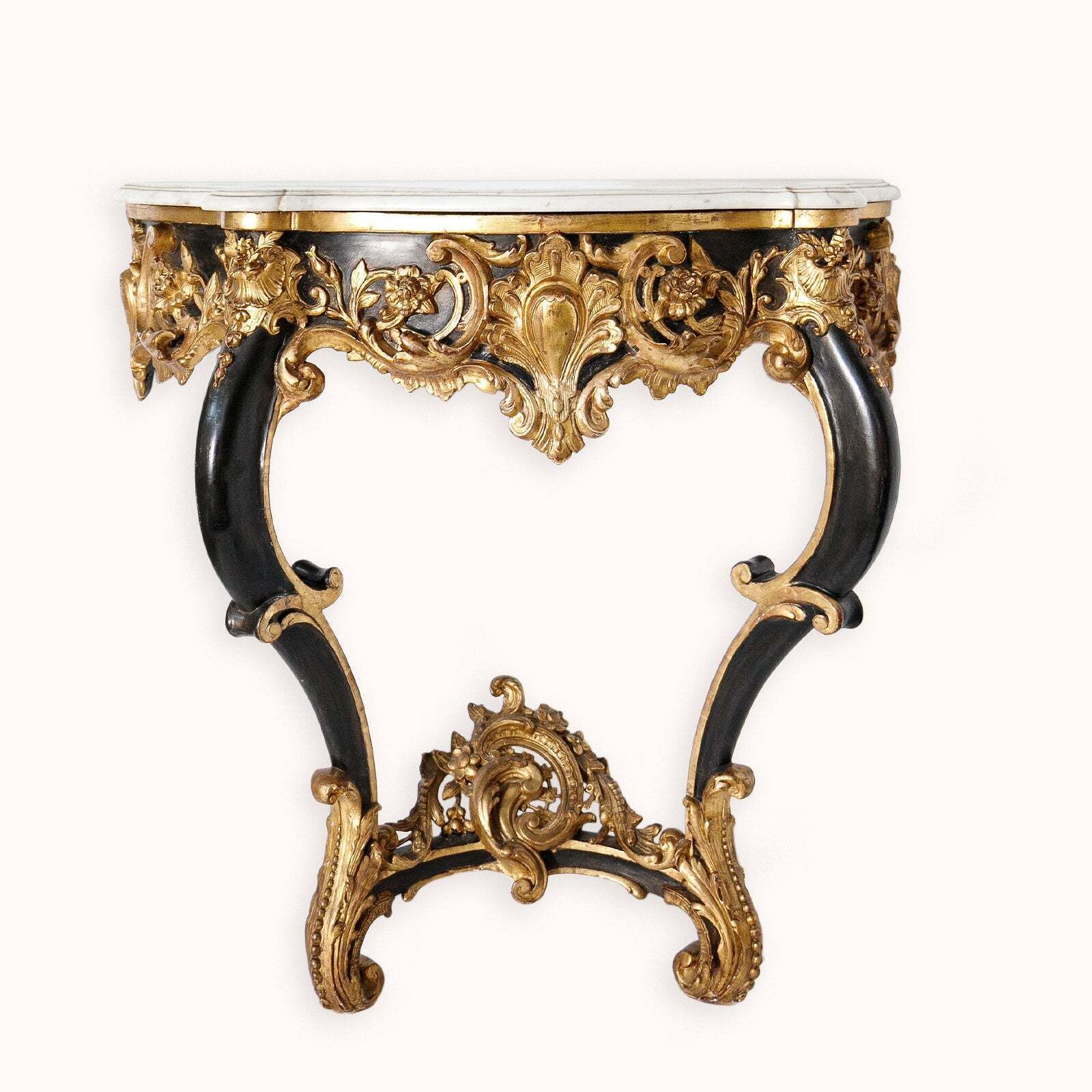 Indrukwekkende Napoleon III Console In Geëboniseerd Hout En Verguld Houtsnijwerk, 19e Eeuw