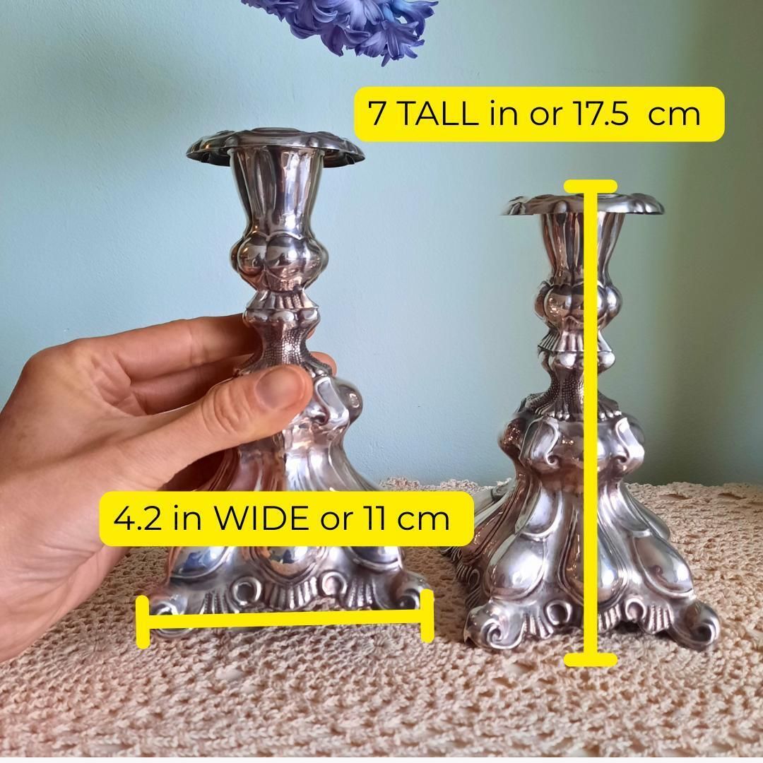 Antique Scandinavian Baroque Nickel Silver Candlestick Holders Pair Marked Prima Ns Alp Made In Sweden Early 1900's. photo for sale